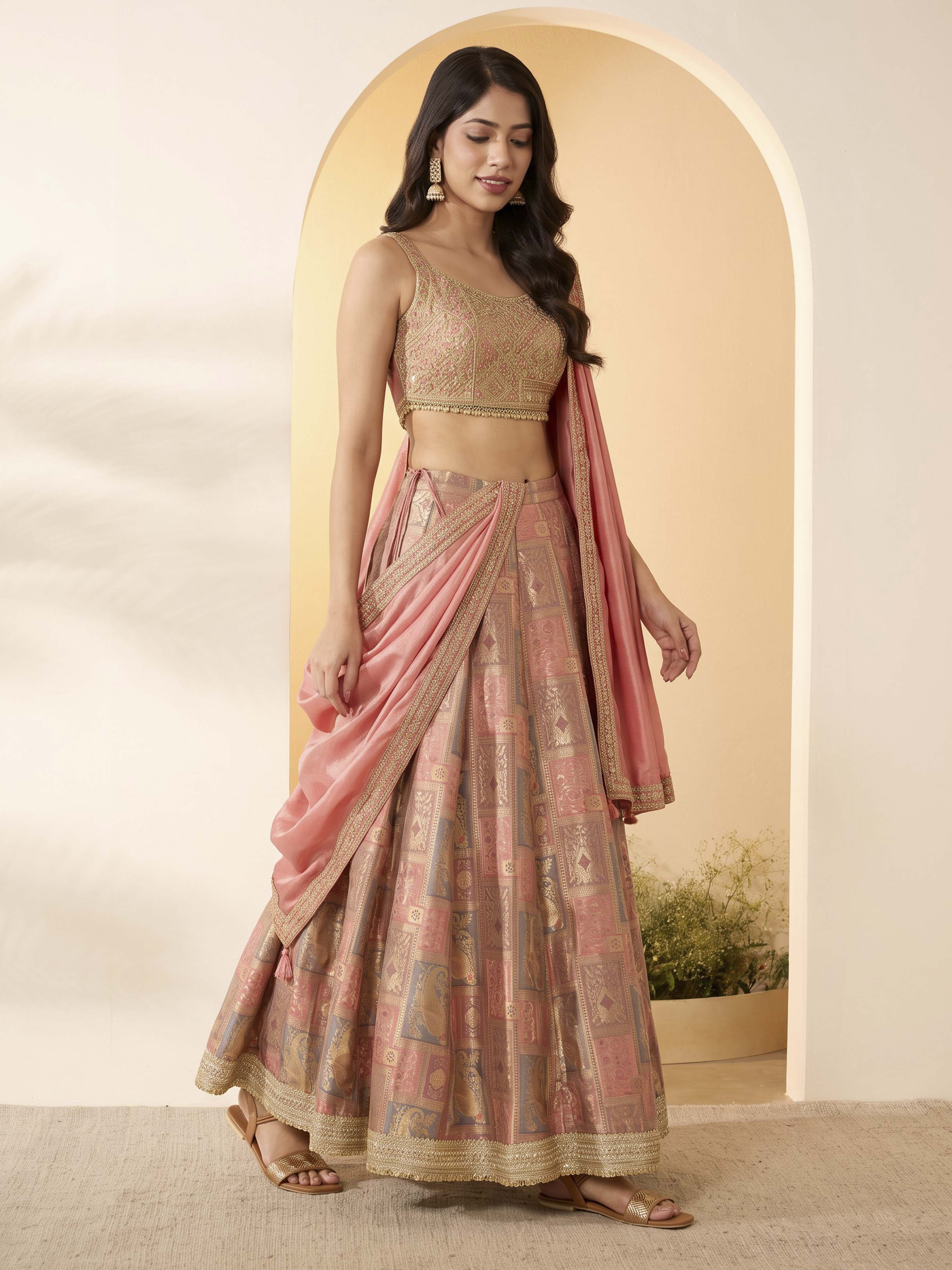 Light Pink Silk Kalidar Lehenga Set image number 3