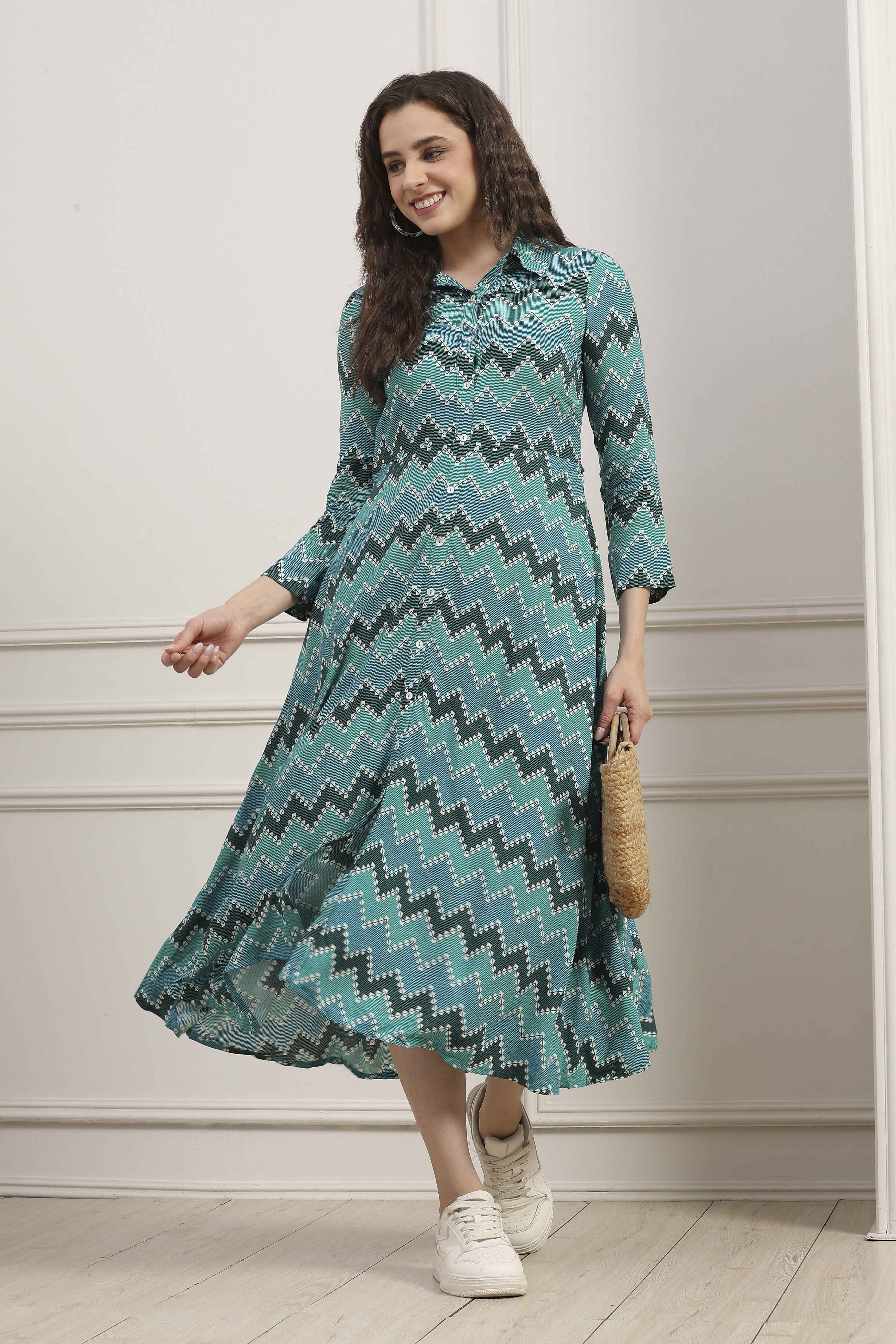Turquoise Chevron Block Printed Shirt-Style Flared Dress image number 0