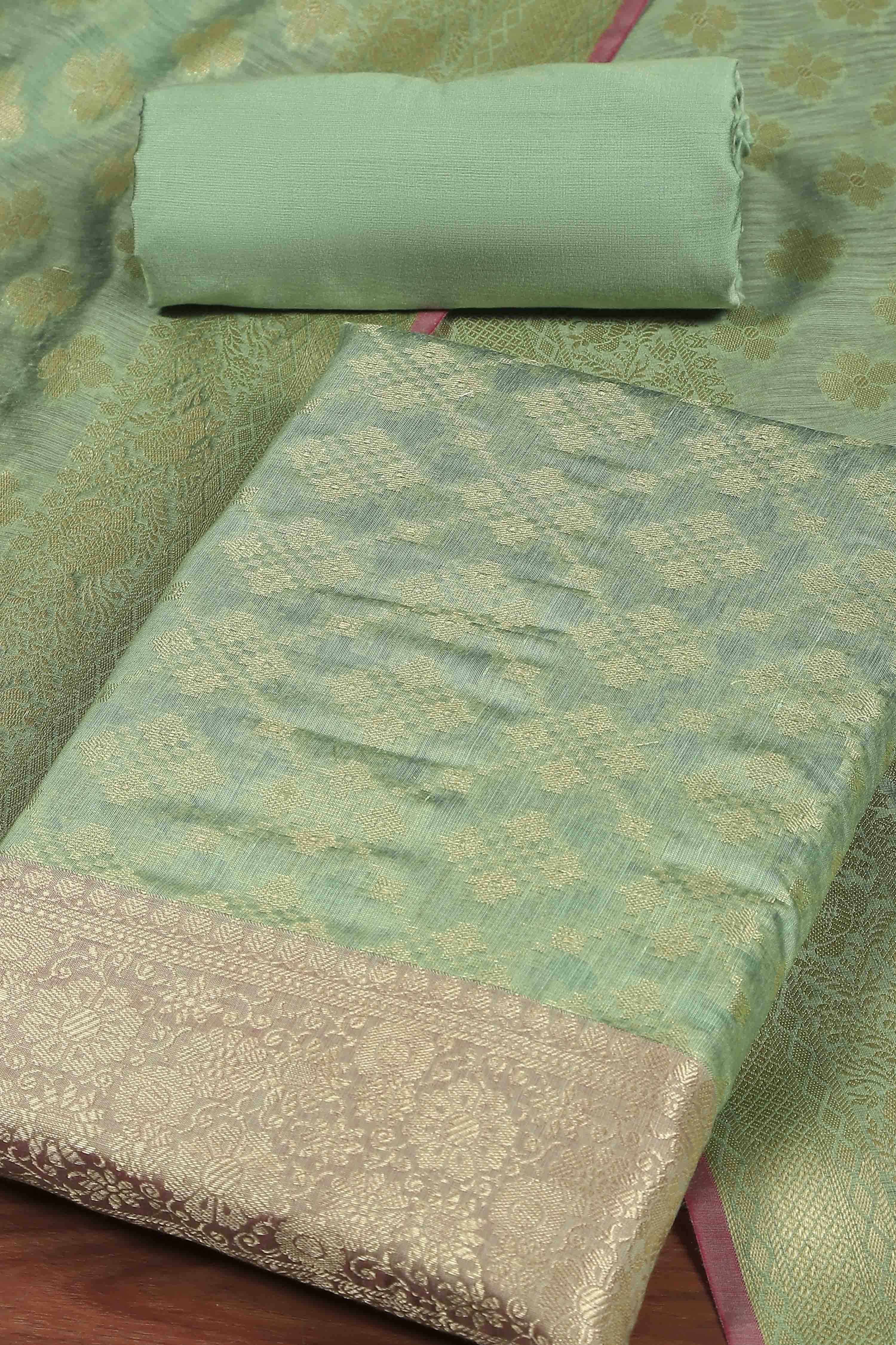 Green Cotton Printed Embroidered Unstitched Suit Set image number 1