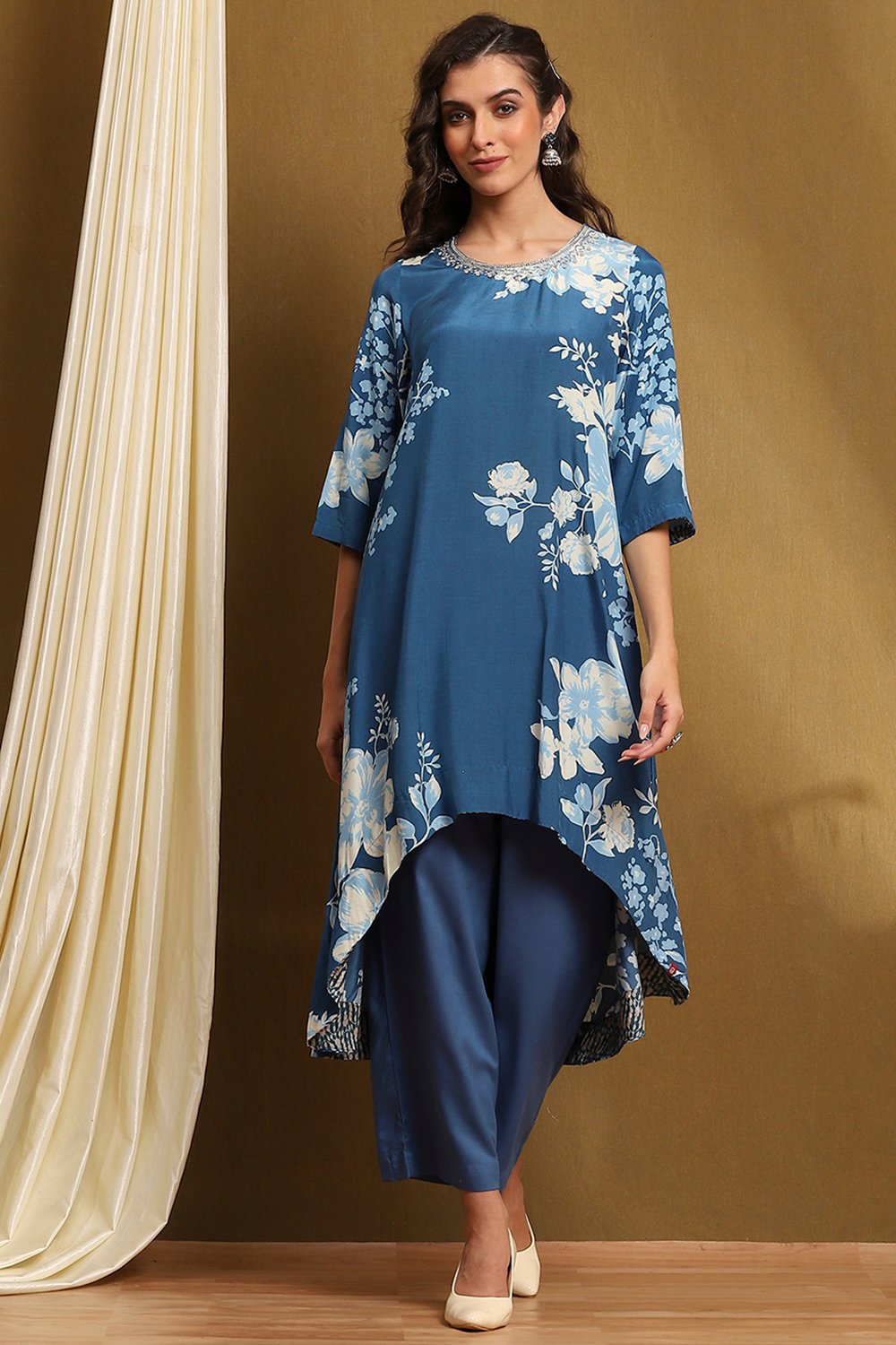 Coral Modal Floral Printed Asymmetric Kurta Set image number 0
