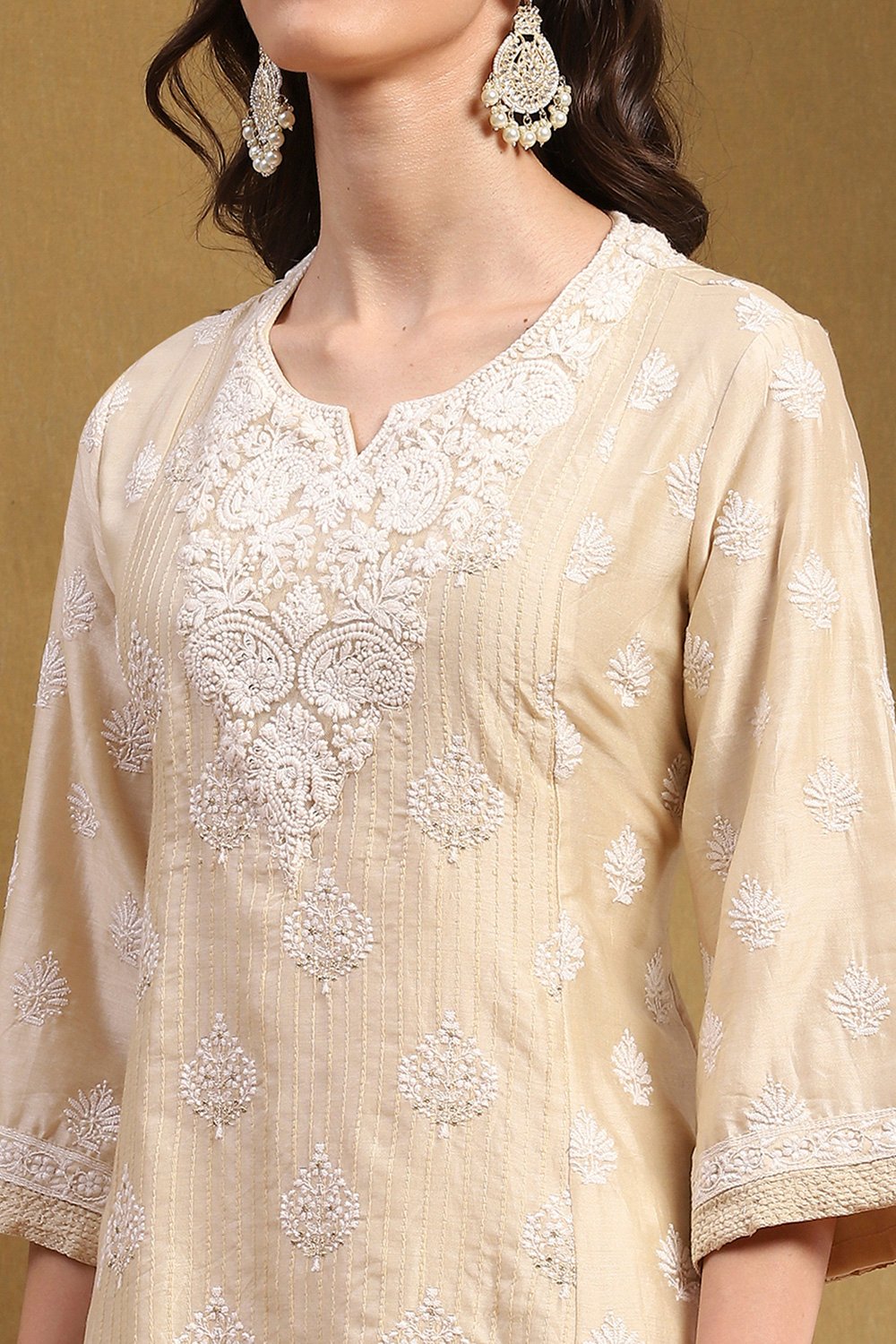 Beige Silk Chanderi Embroidered Kalidar Suit Set image number 1