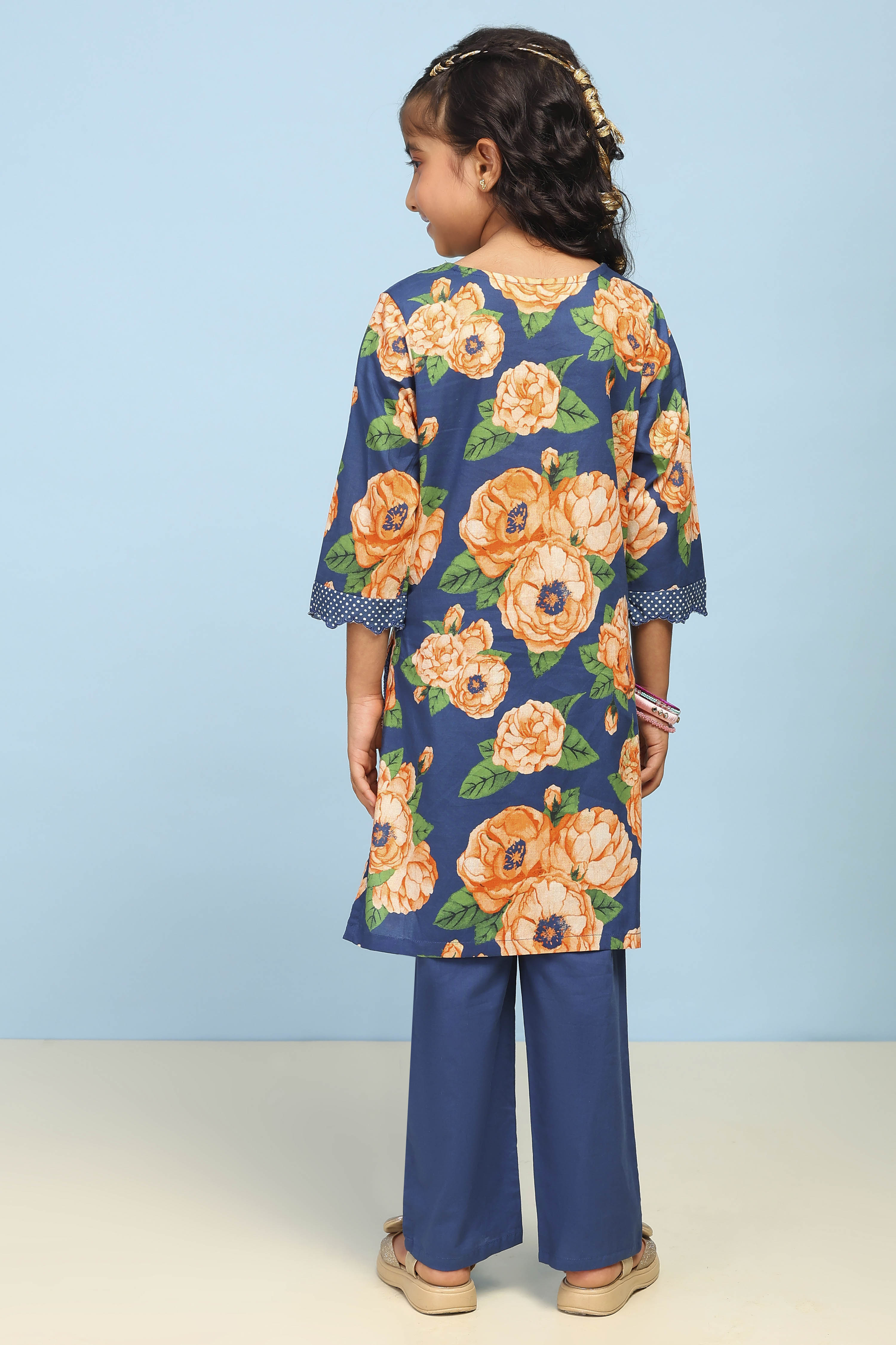 Blue Cotton Straight Printed Suit Set image number 4