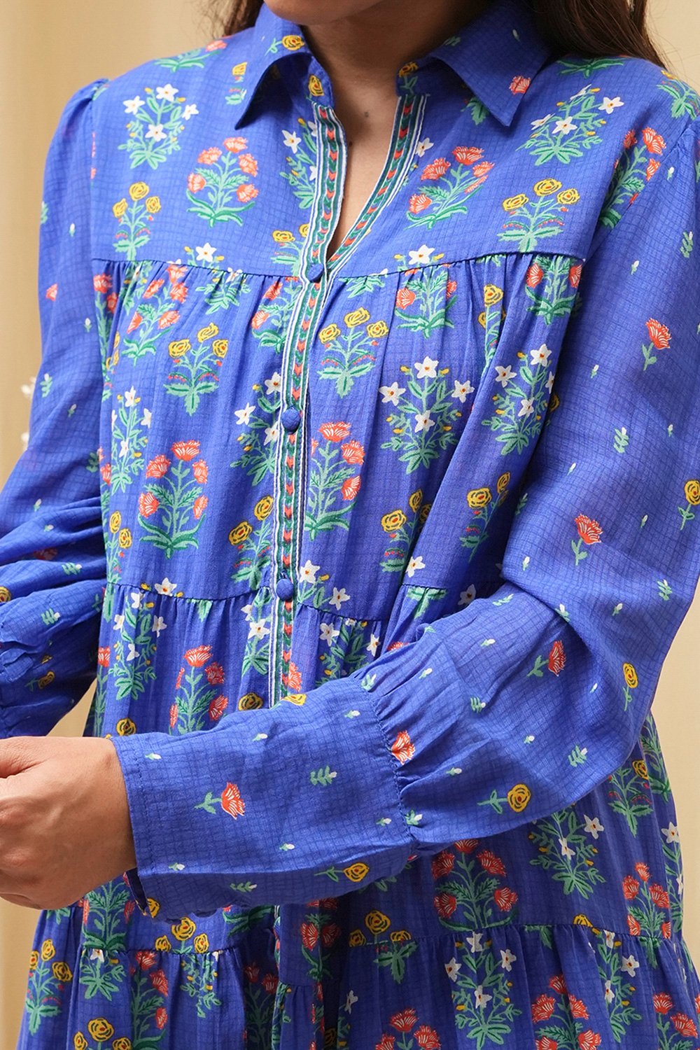 Blue Cotton Printed Shirt-Style Tiered Kurta image number 1