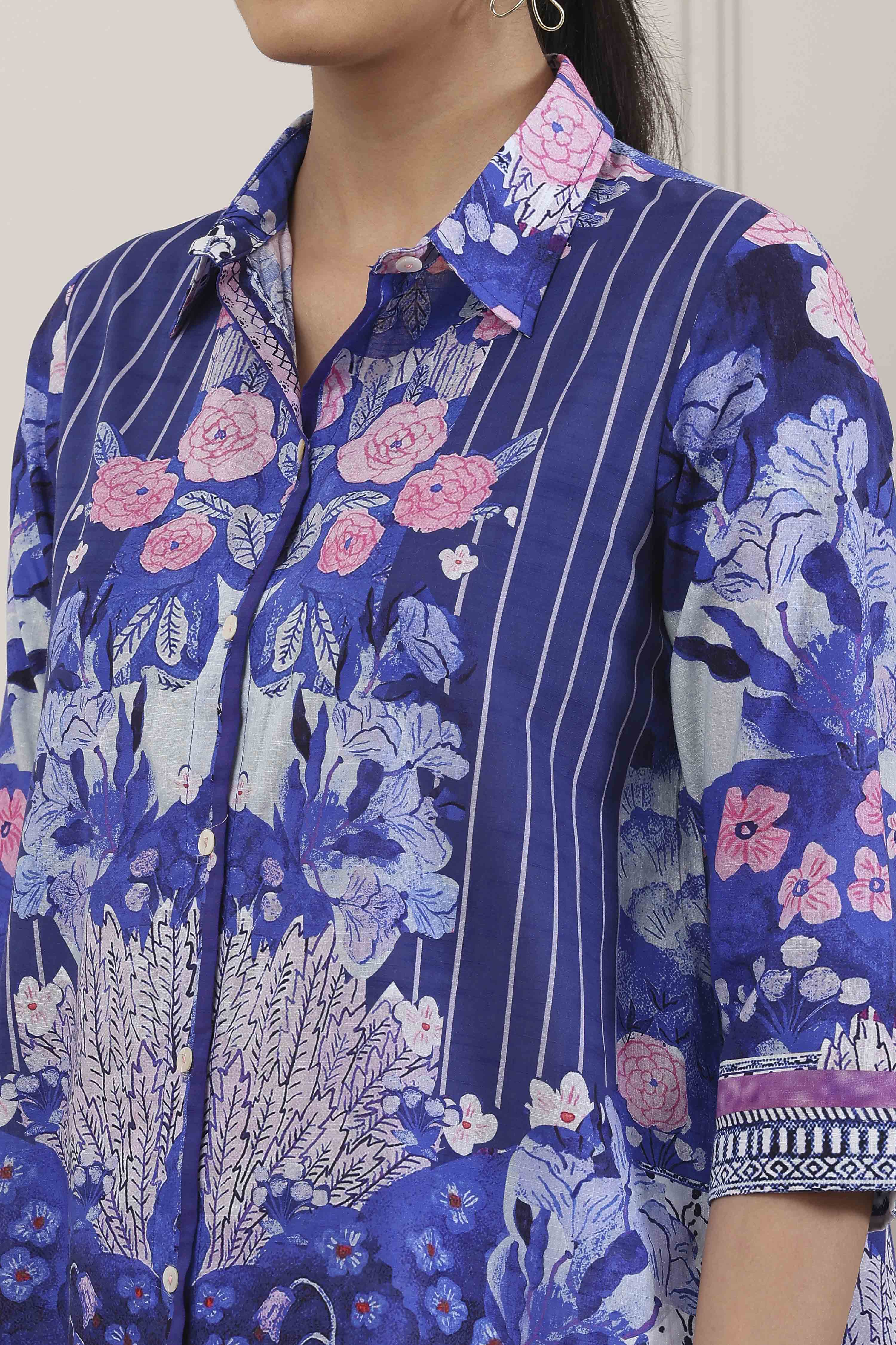 Blue Cotton Floral Printed Shirt image number 1