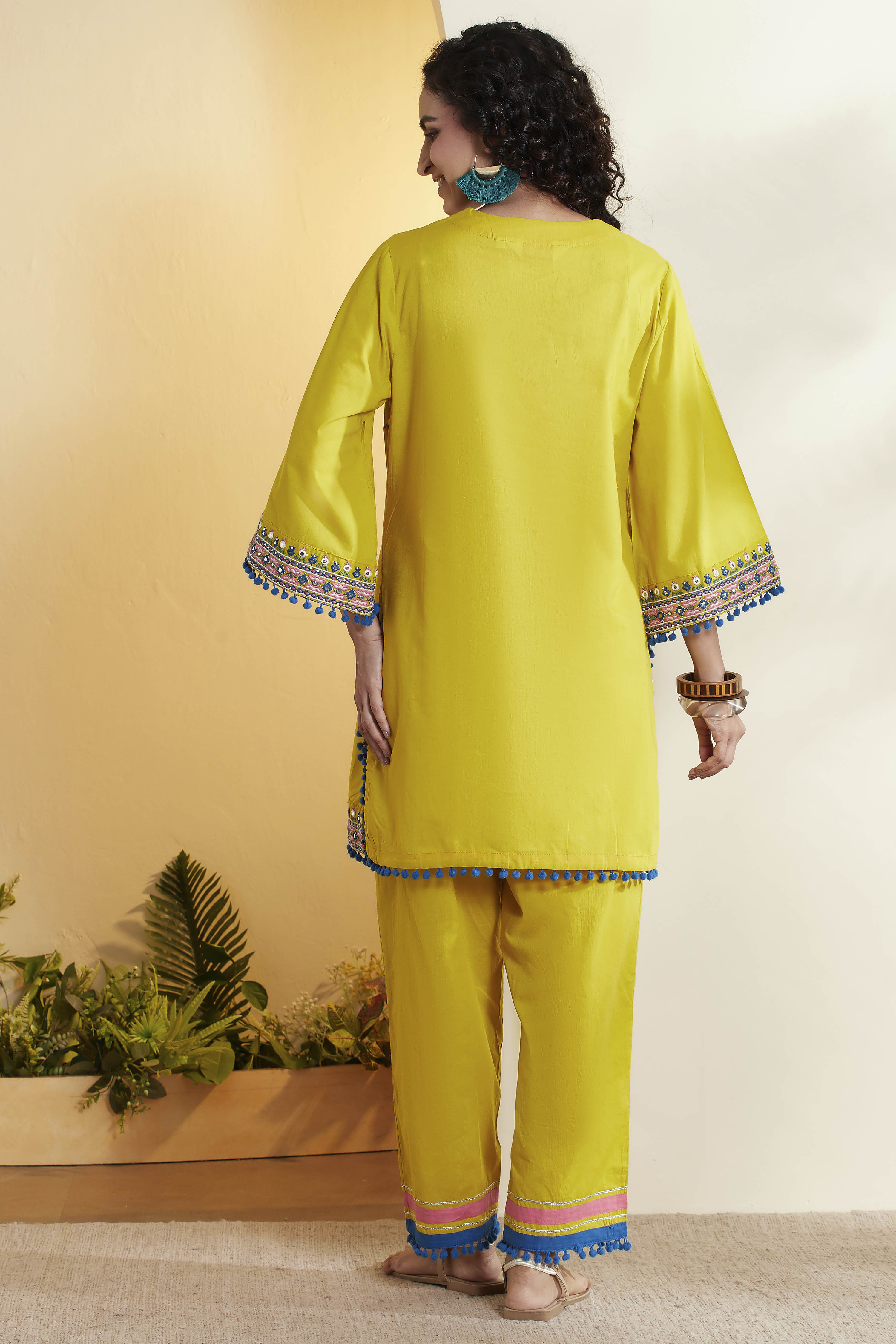 Lime Green Embroidered Cotton Kurta Set image number 6