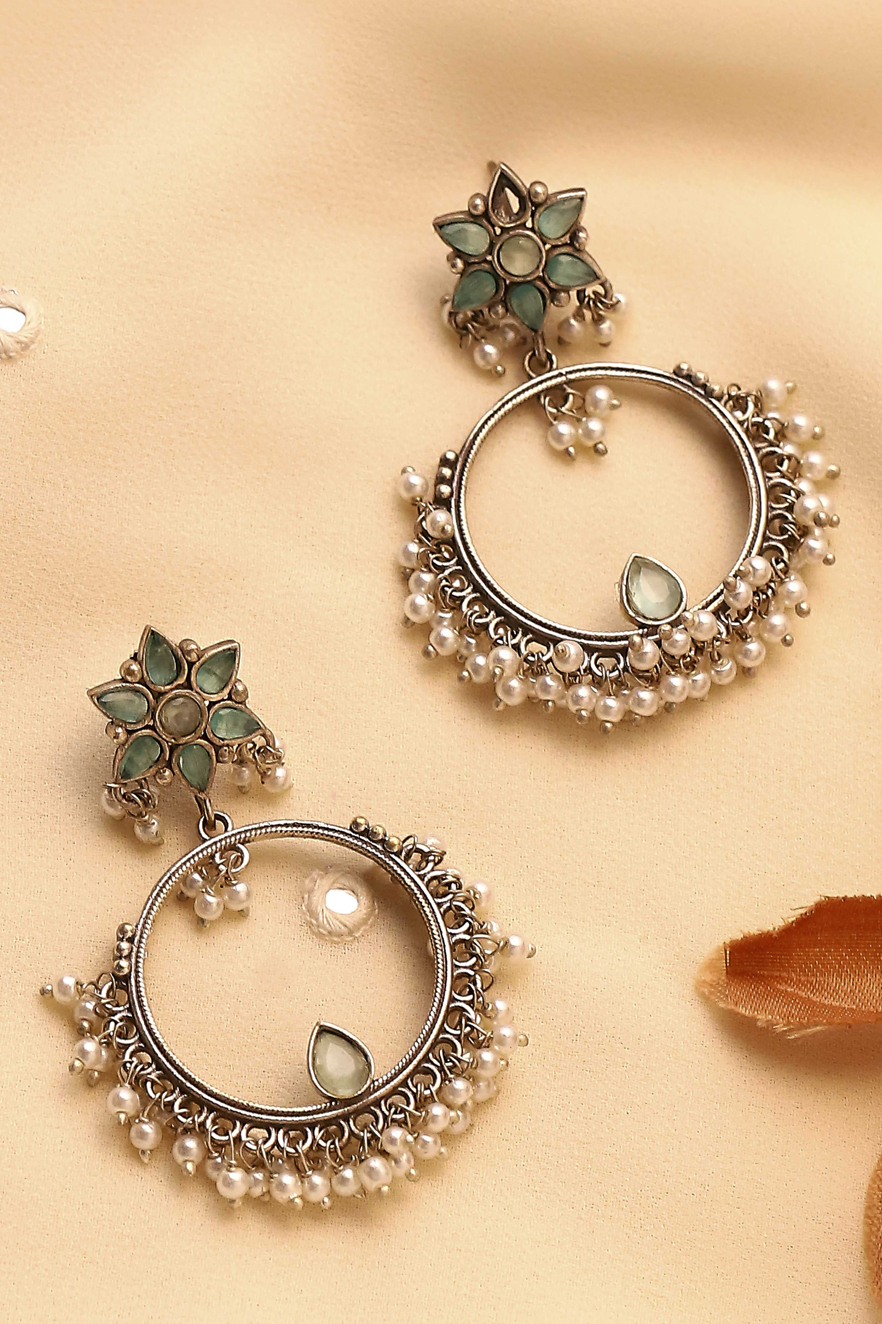 Mint Green Brass Oxidised Chaandbali image number 0