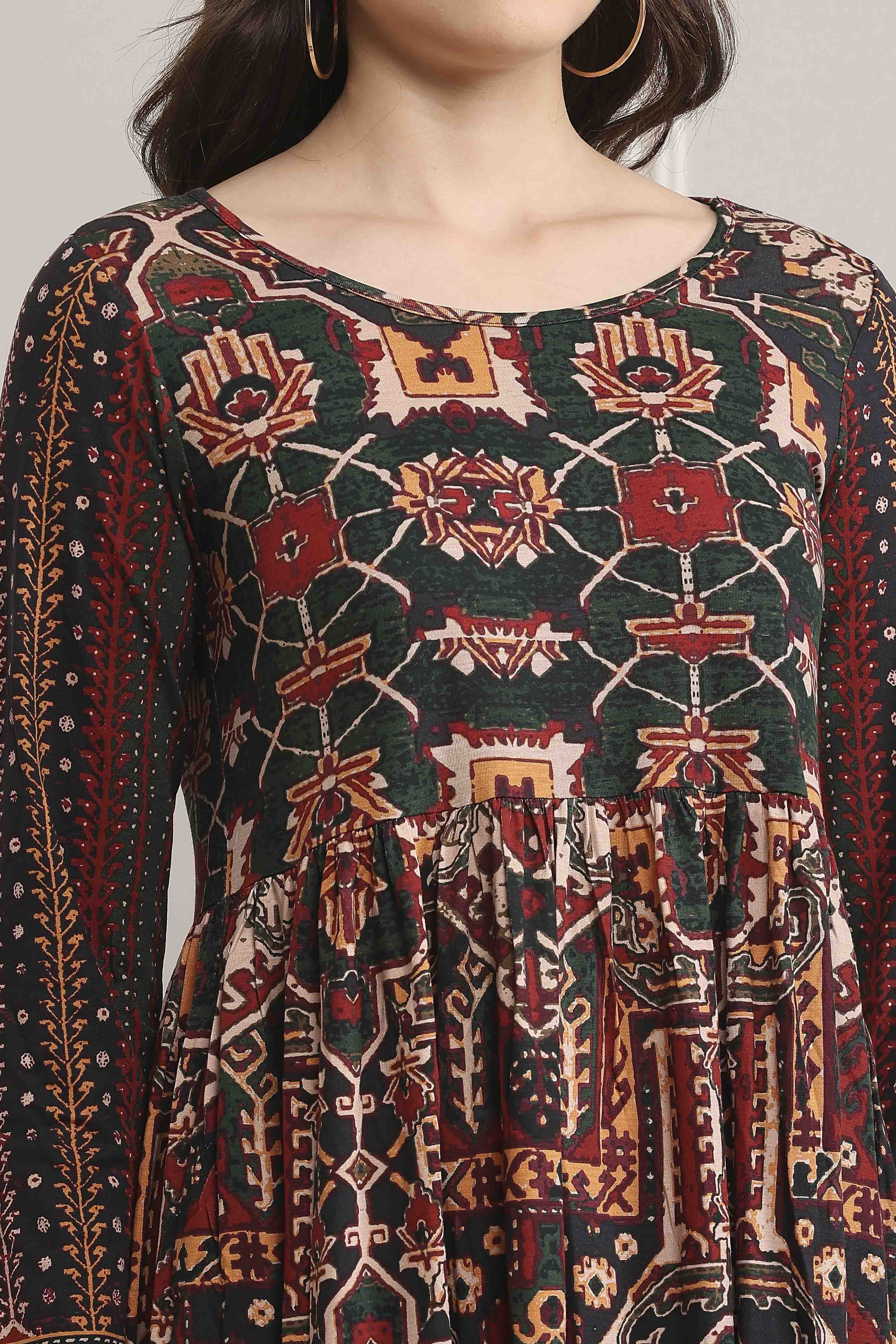 Rust Cotton Blend Flared Printed Dress image number 1