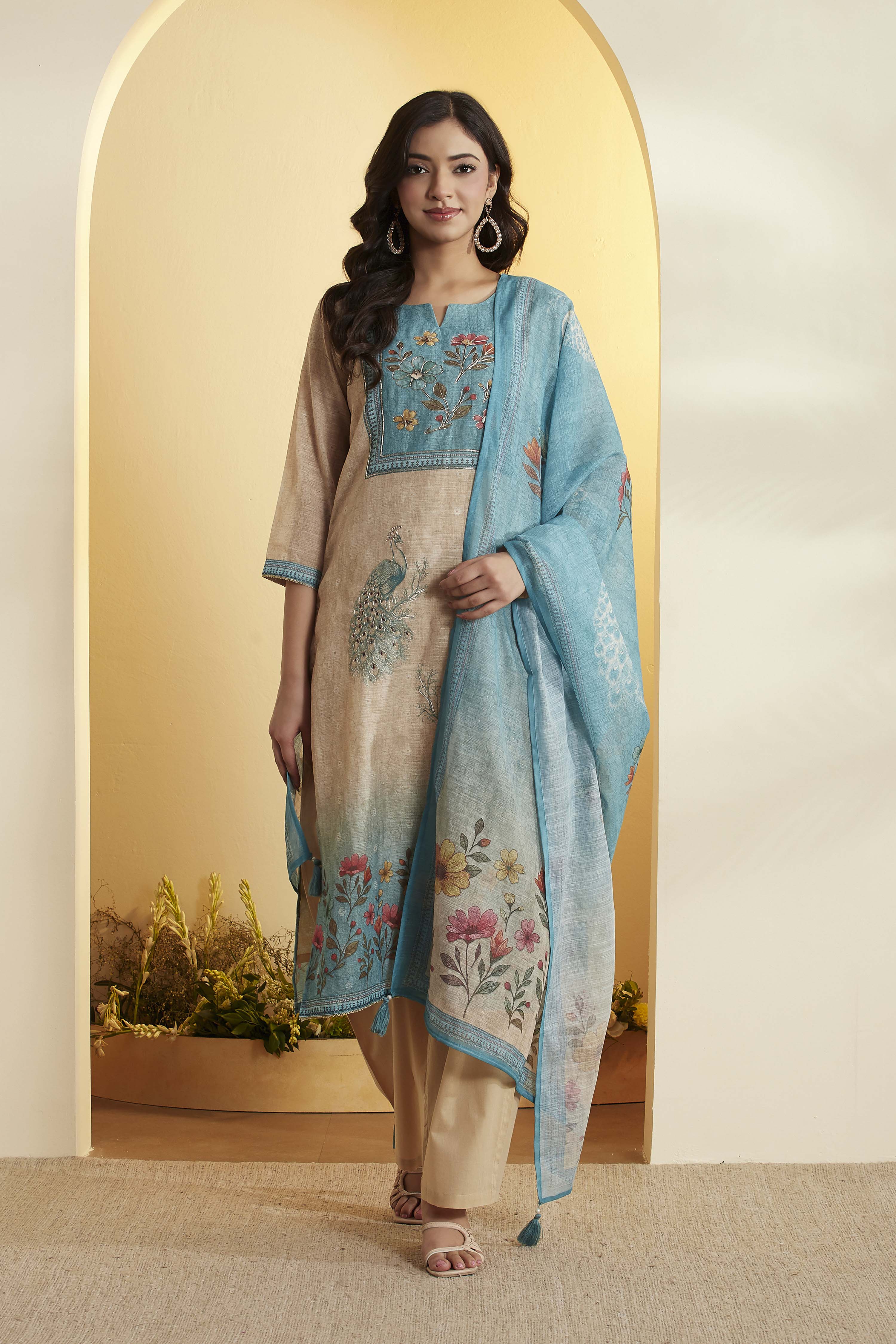 Blue Poly Linen Straight Suit Set image number 0