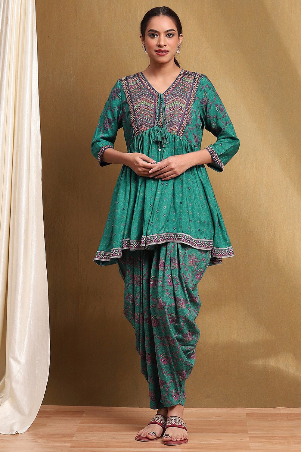 Fuchsia Viscose Floral Printed Peplum Suit Set image number 6