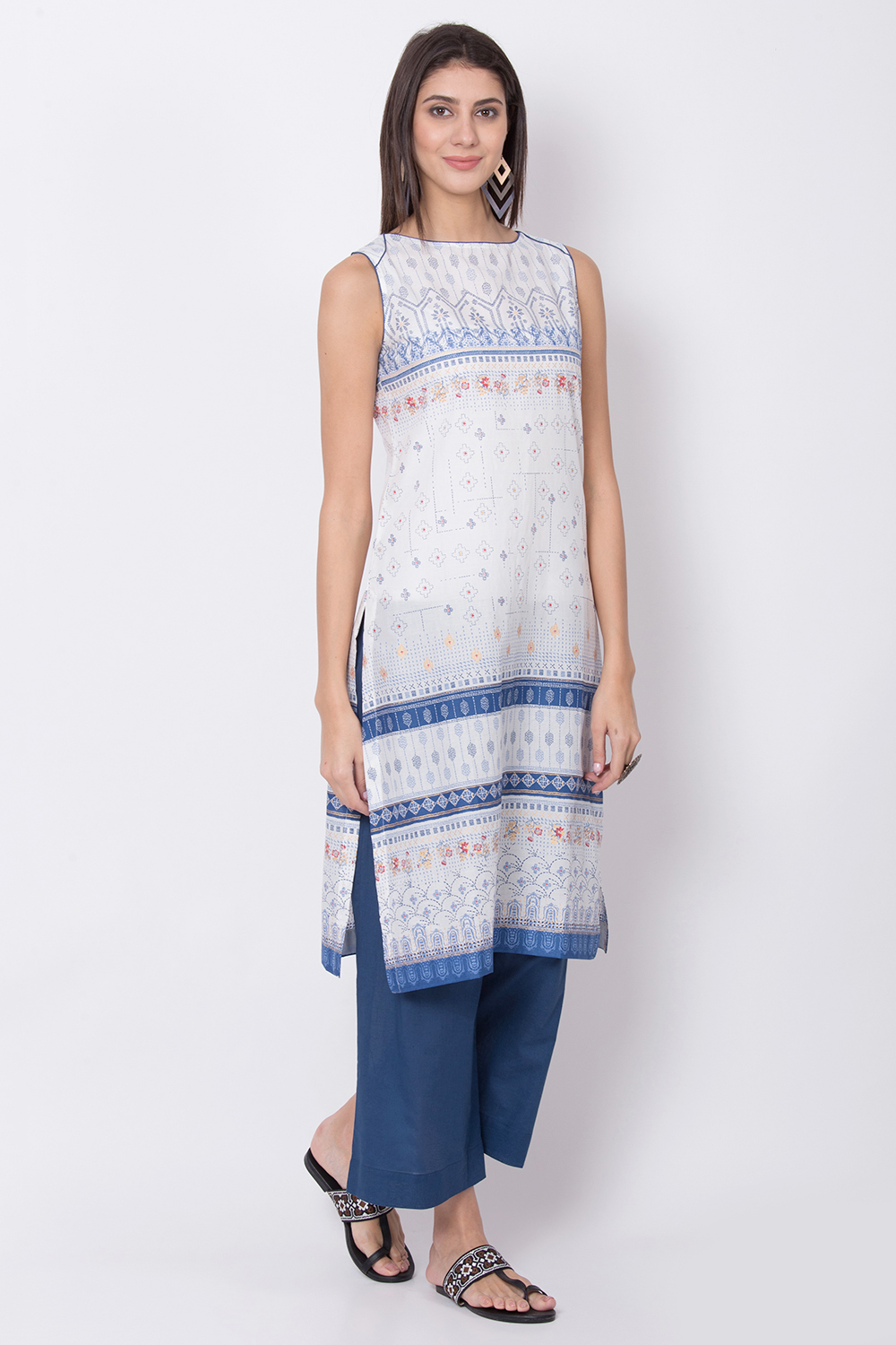 White Cotton Straight Printed Kurta image number 3