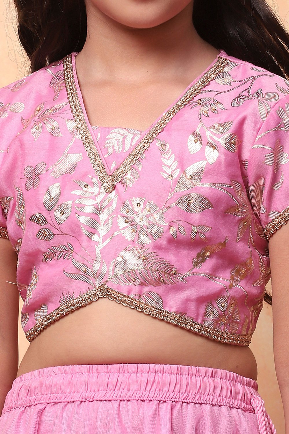 Pink Poly Chanderi Floral Festive Flared Lehenga Set image number 1