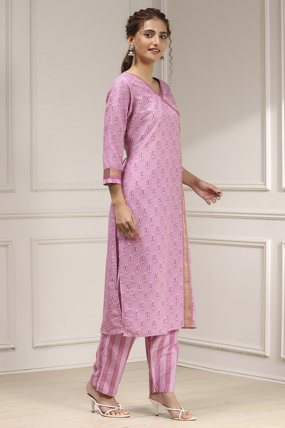 Beige Cotton Modal Digital Print Unstitched Suit Set image number 6