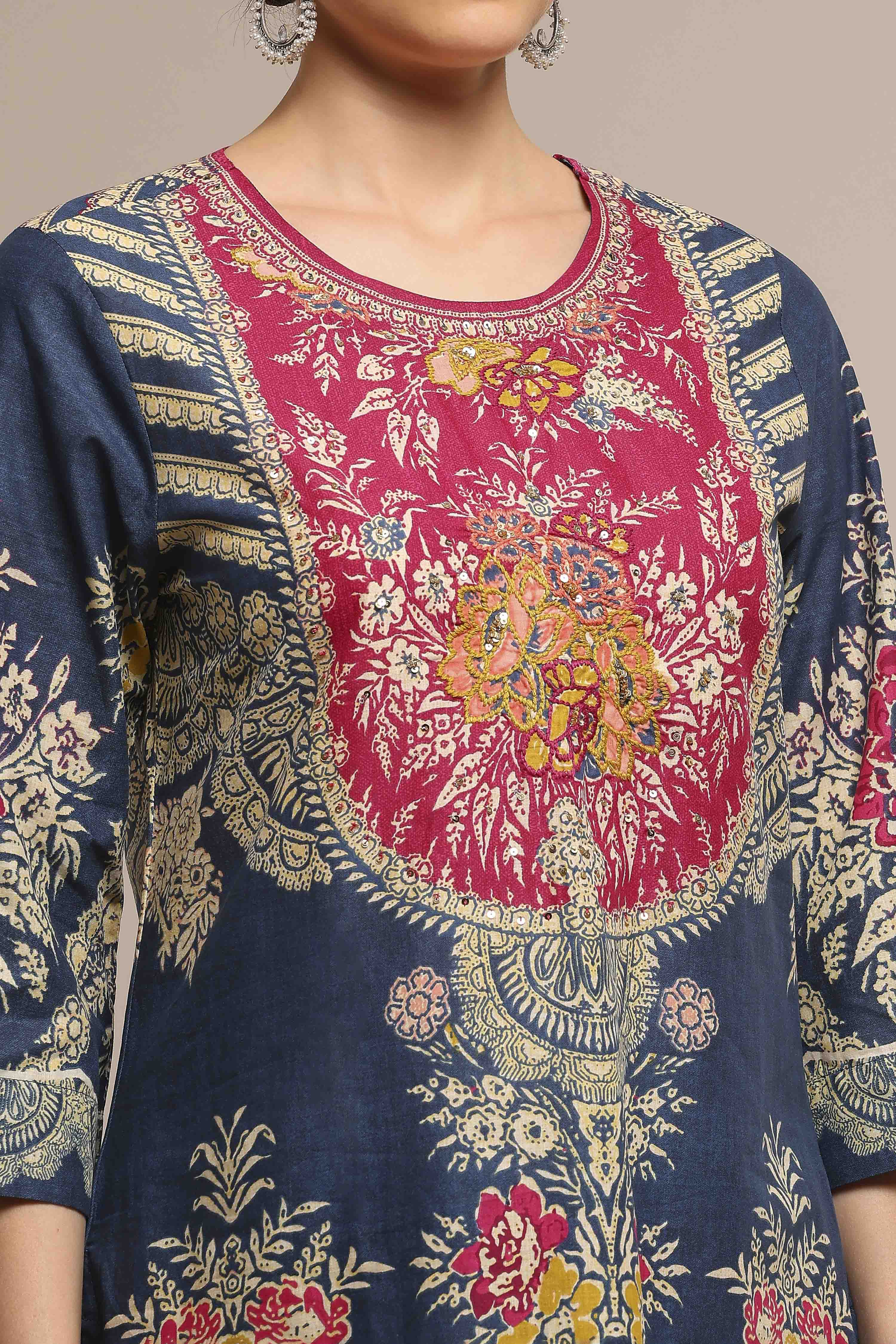 Blue Cotton Straight Printed Suit Set image number 1