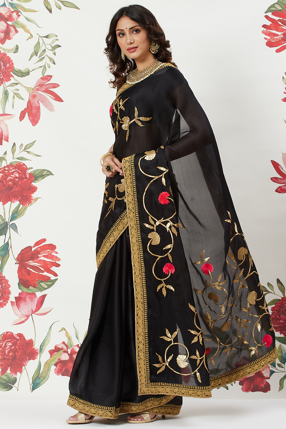 Rohit Bal Maroon Chanderi Silk Solid Saree With Blouse image number 3
