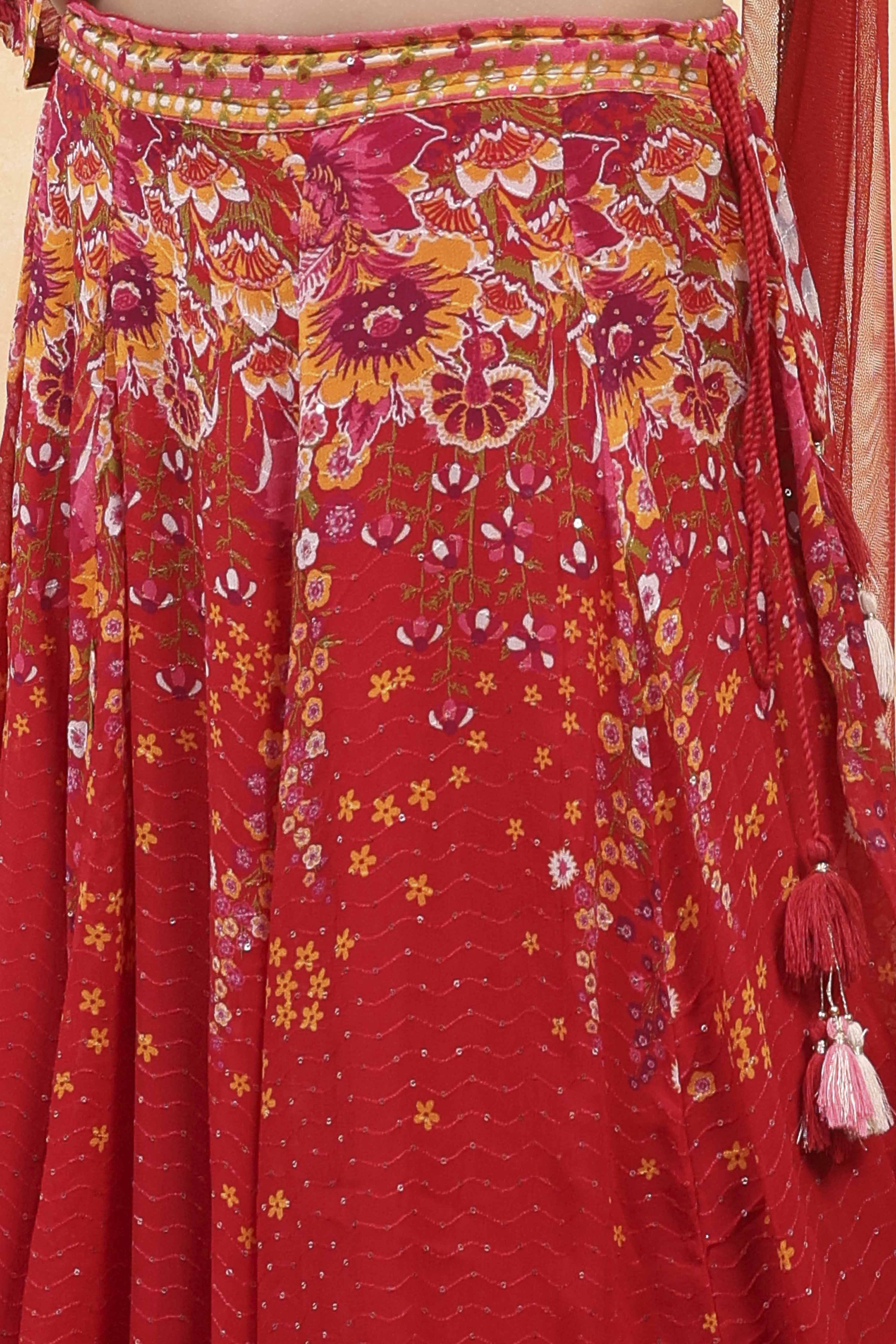 Red Viscose Rayon Printed Kalidar Lehenga Set image number 2