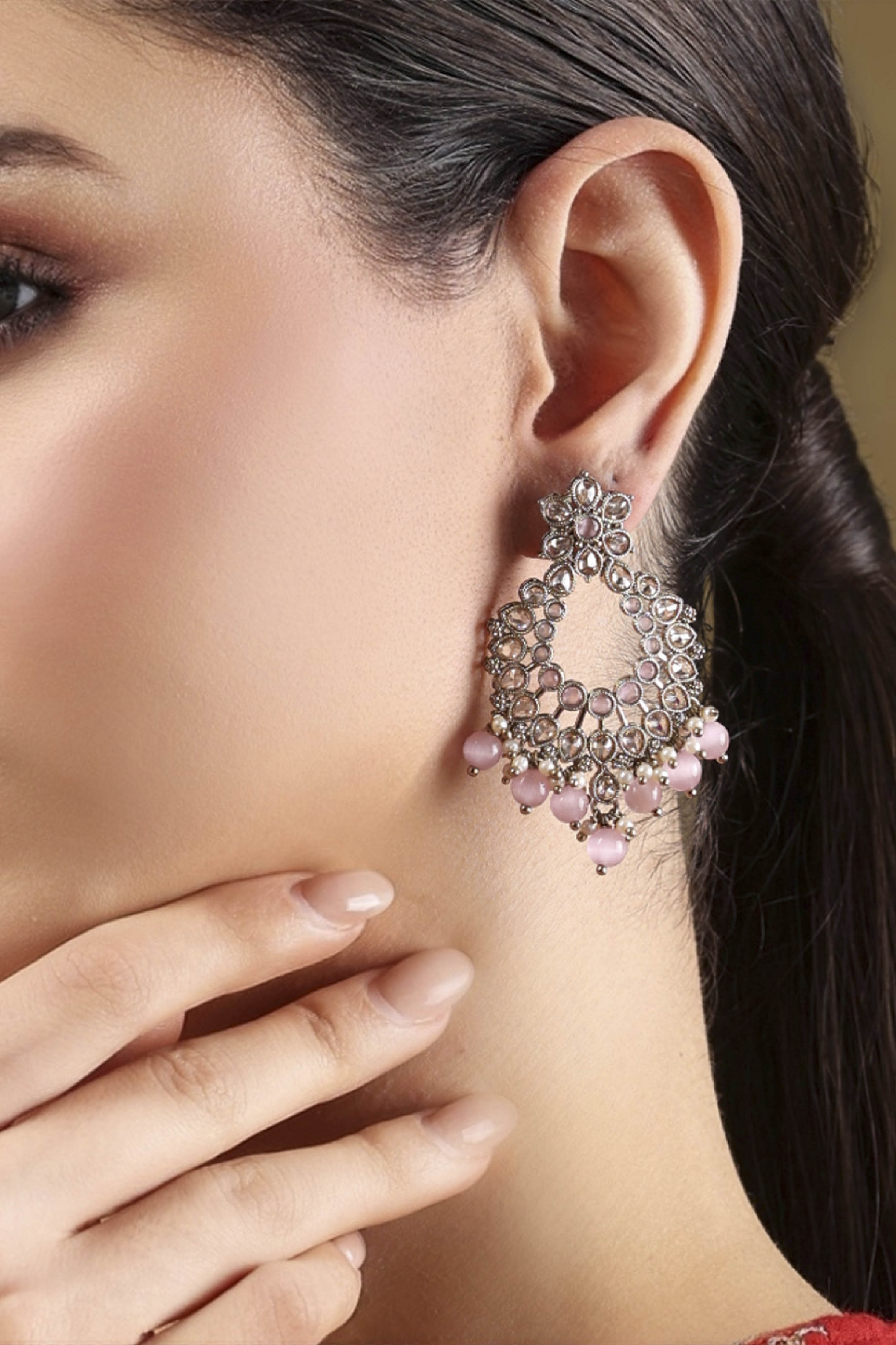 Pink Gold Plated Alloy Embellished Chandbalis image number 1