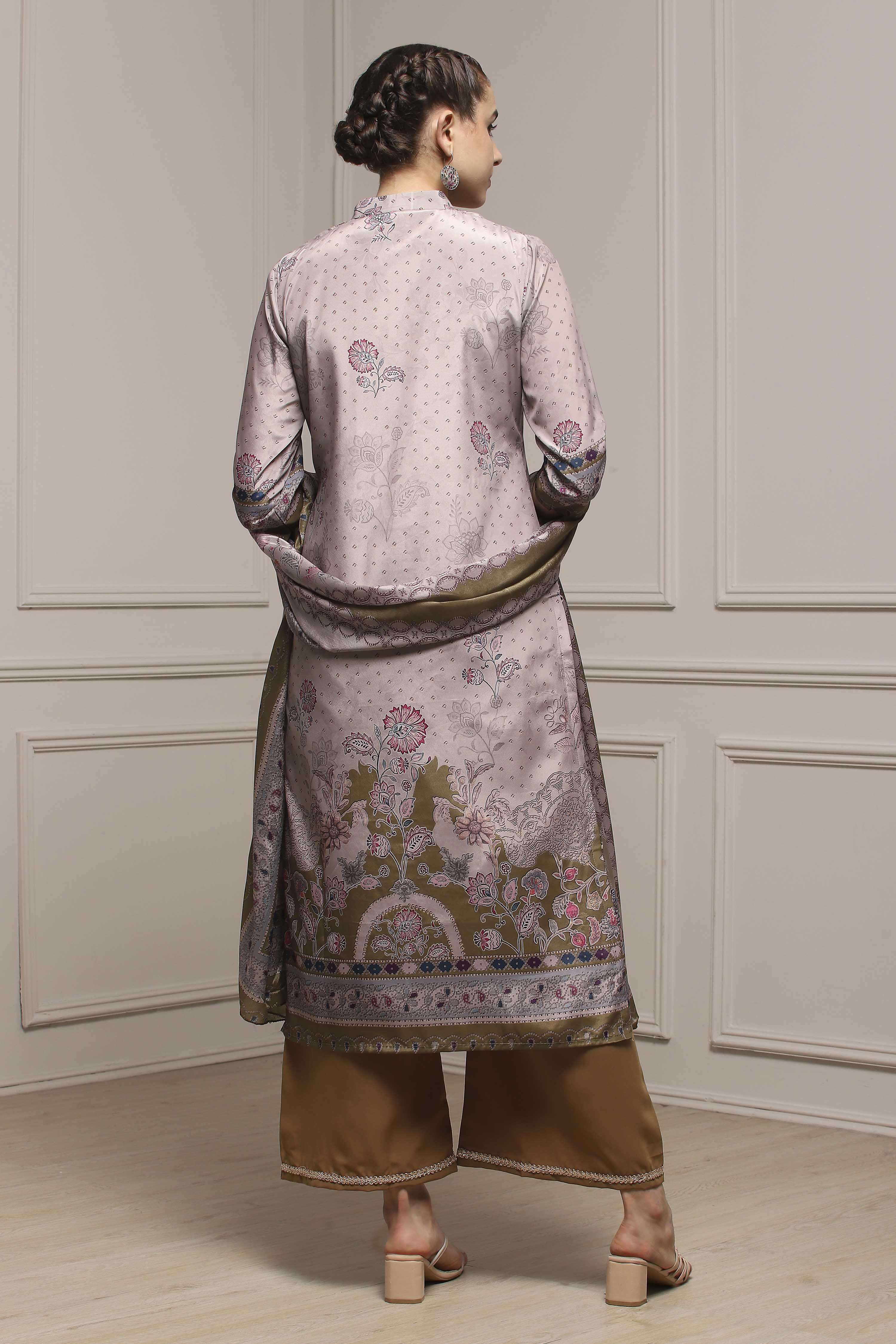 Brown Poly Crepe Digital Print Unstitched Suit Set image number 5