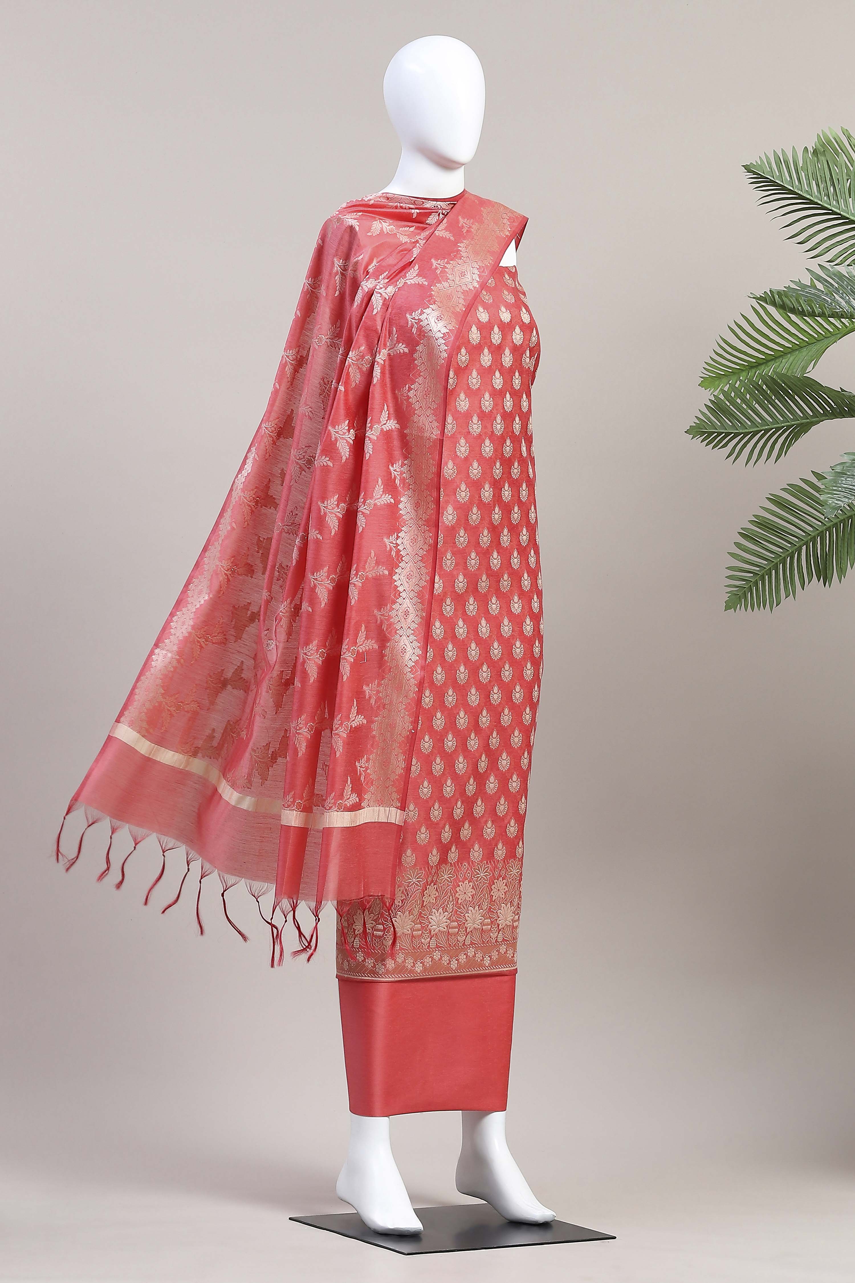 Blue Cotton Printed Embroidered Unstitched Suit Set image number 4