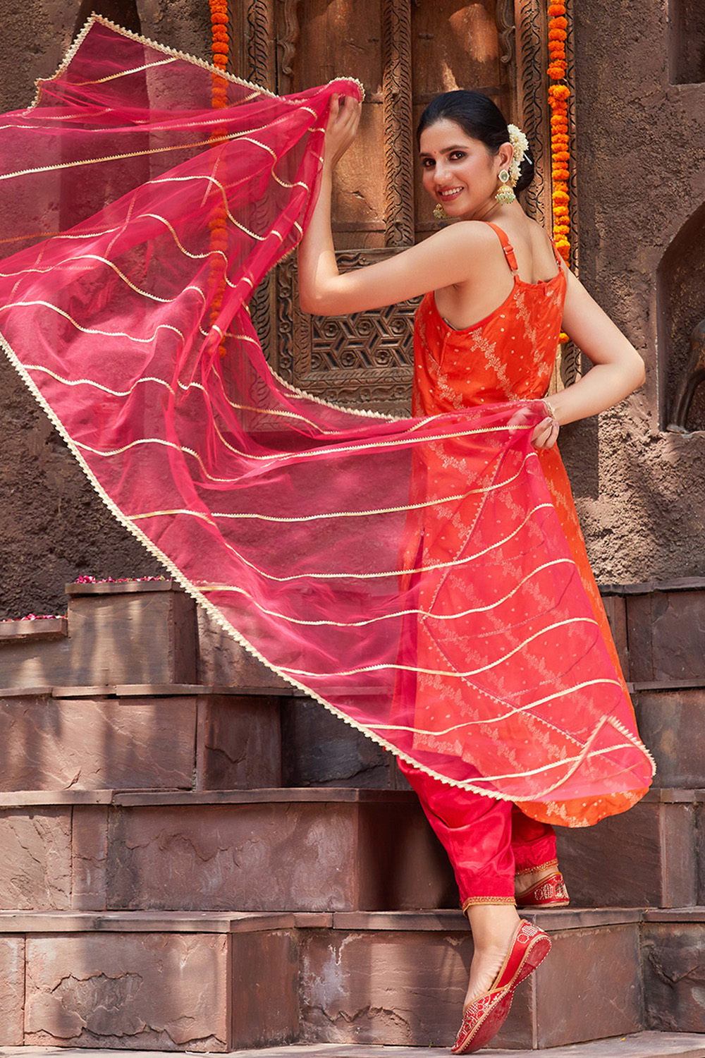 Orange Viscose Shantoon Kurta Dhoti Salwar Suit Set image number 0
