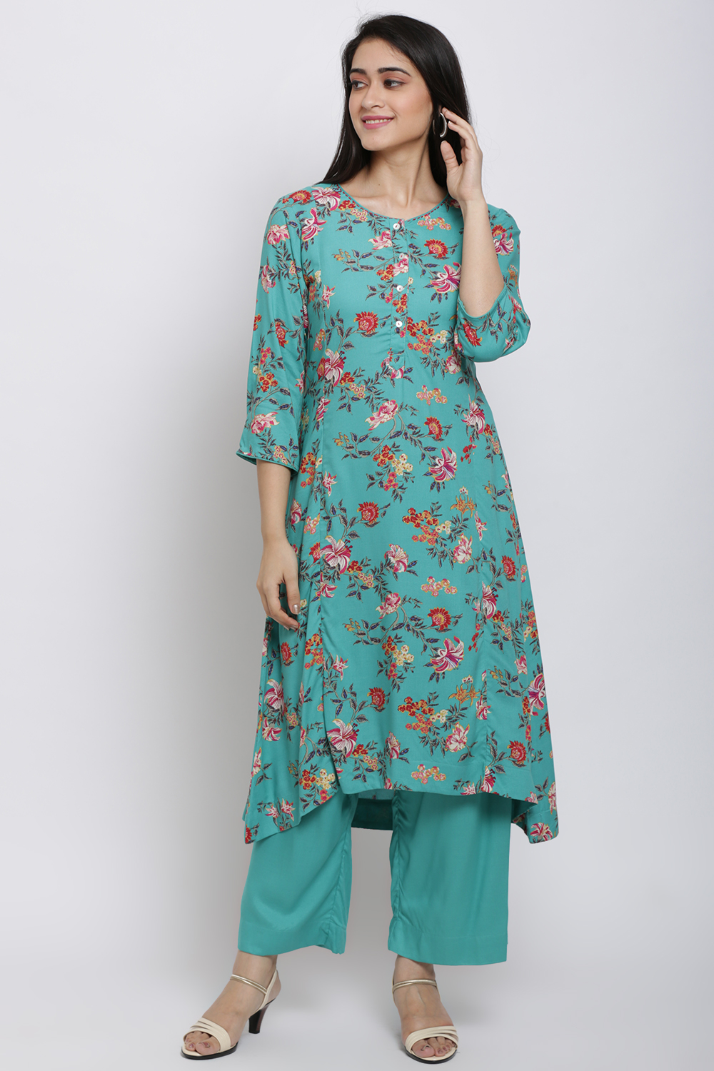 Pink Viscose A-Line Kurta Palazzo Suit Set image number 2