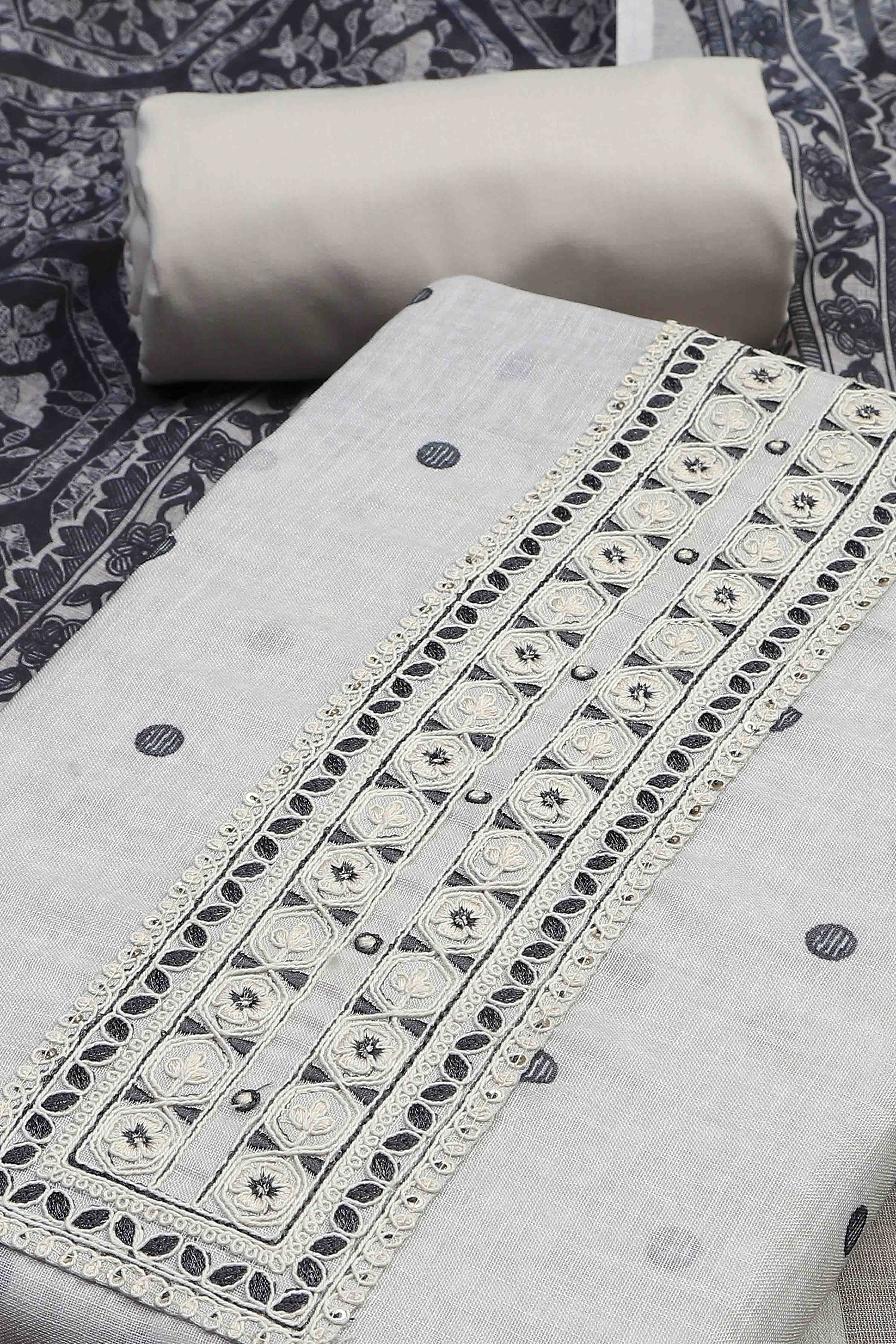 Beige Linen Booti Print Unstitched Suit Set image number 1