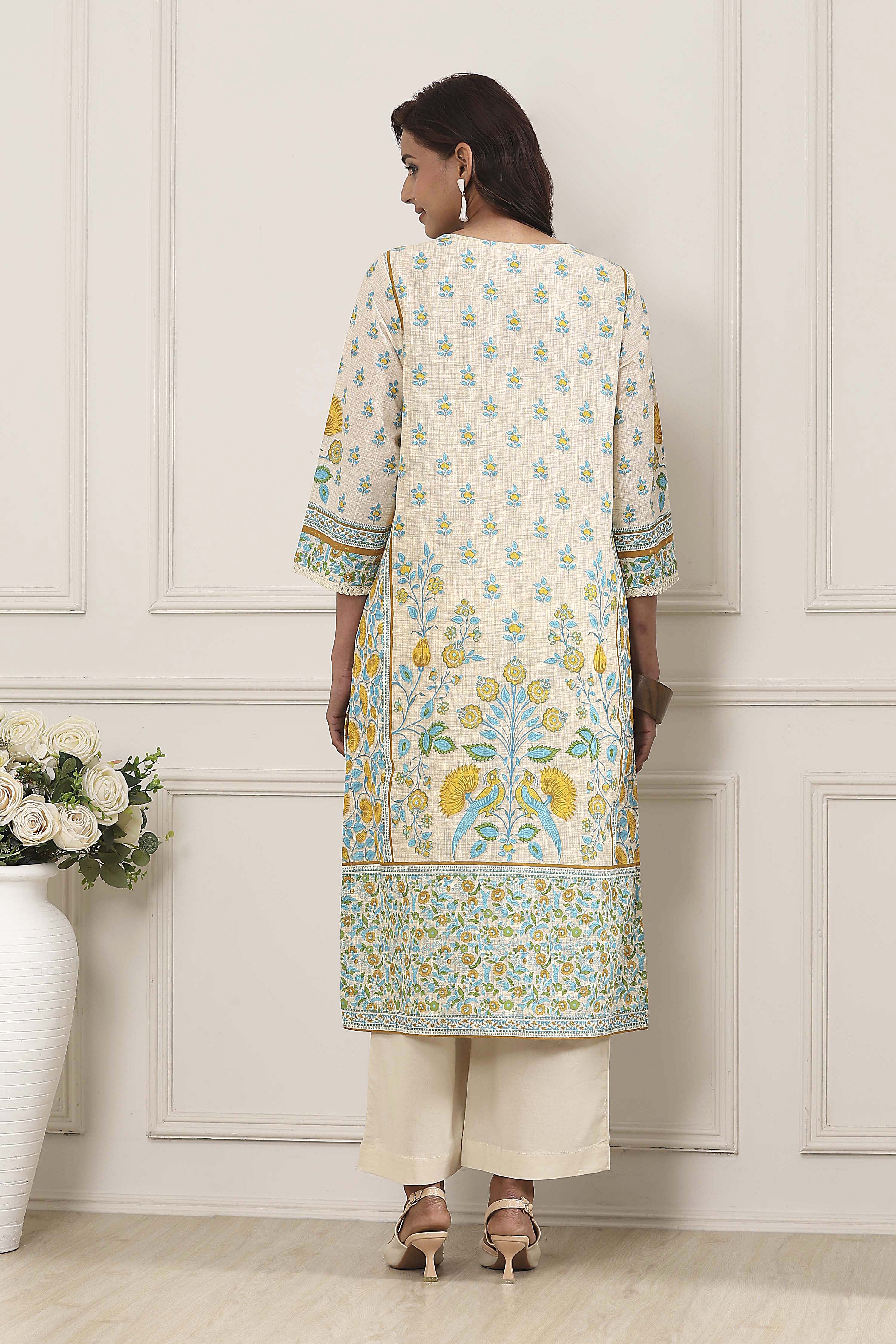 Off-White Cotton Printed Straight Kurta image number 3