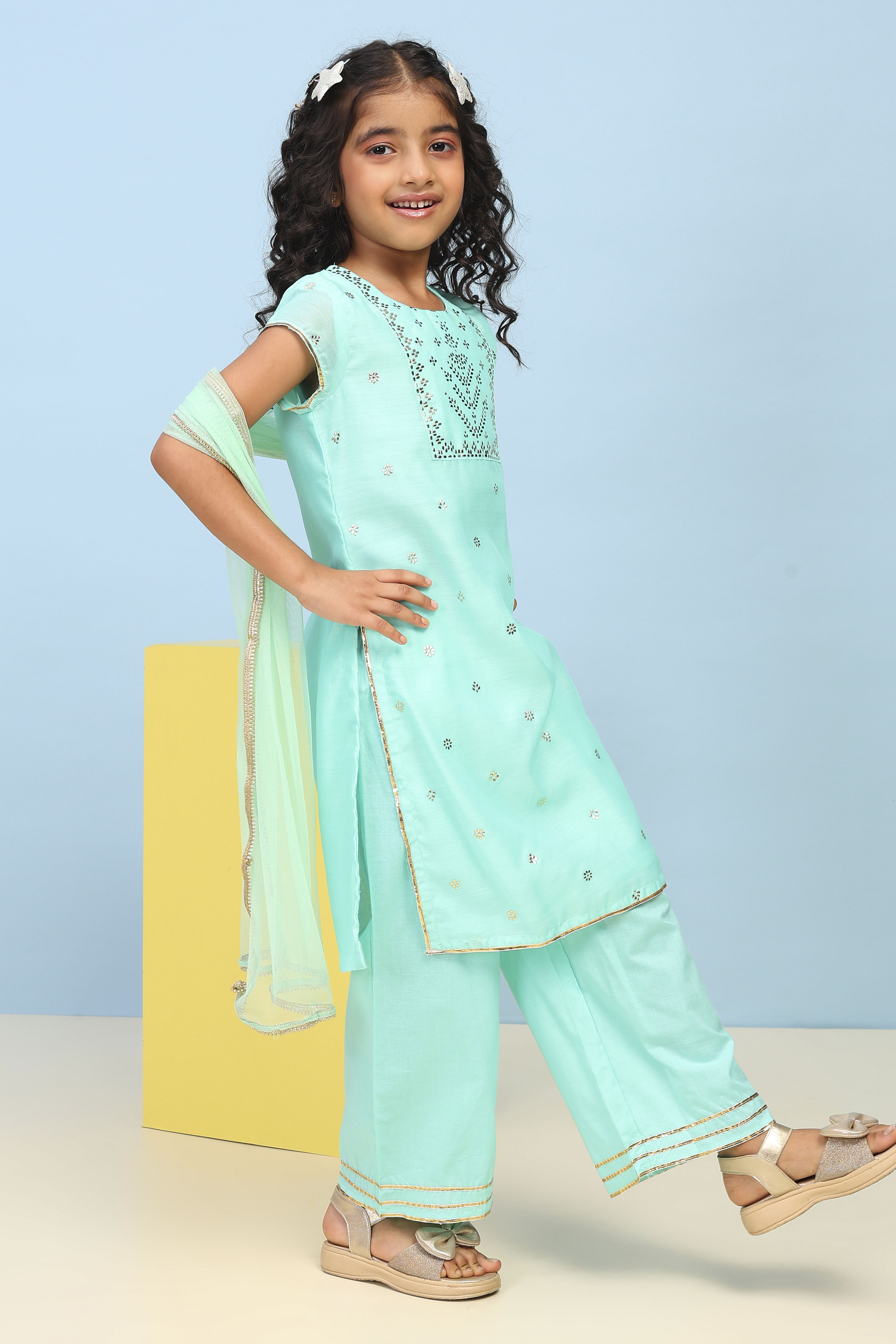Aqua Polyester Straight Printed Suit Set image number 5