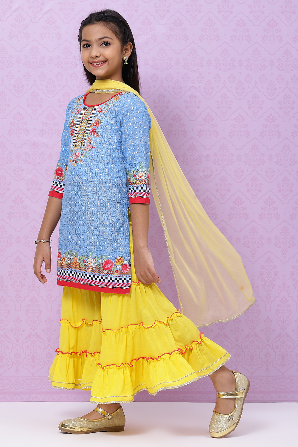 Blue Cotton Girls Straight Kurta Sharara Suit Set image number 4