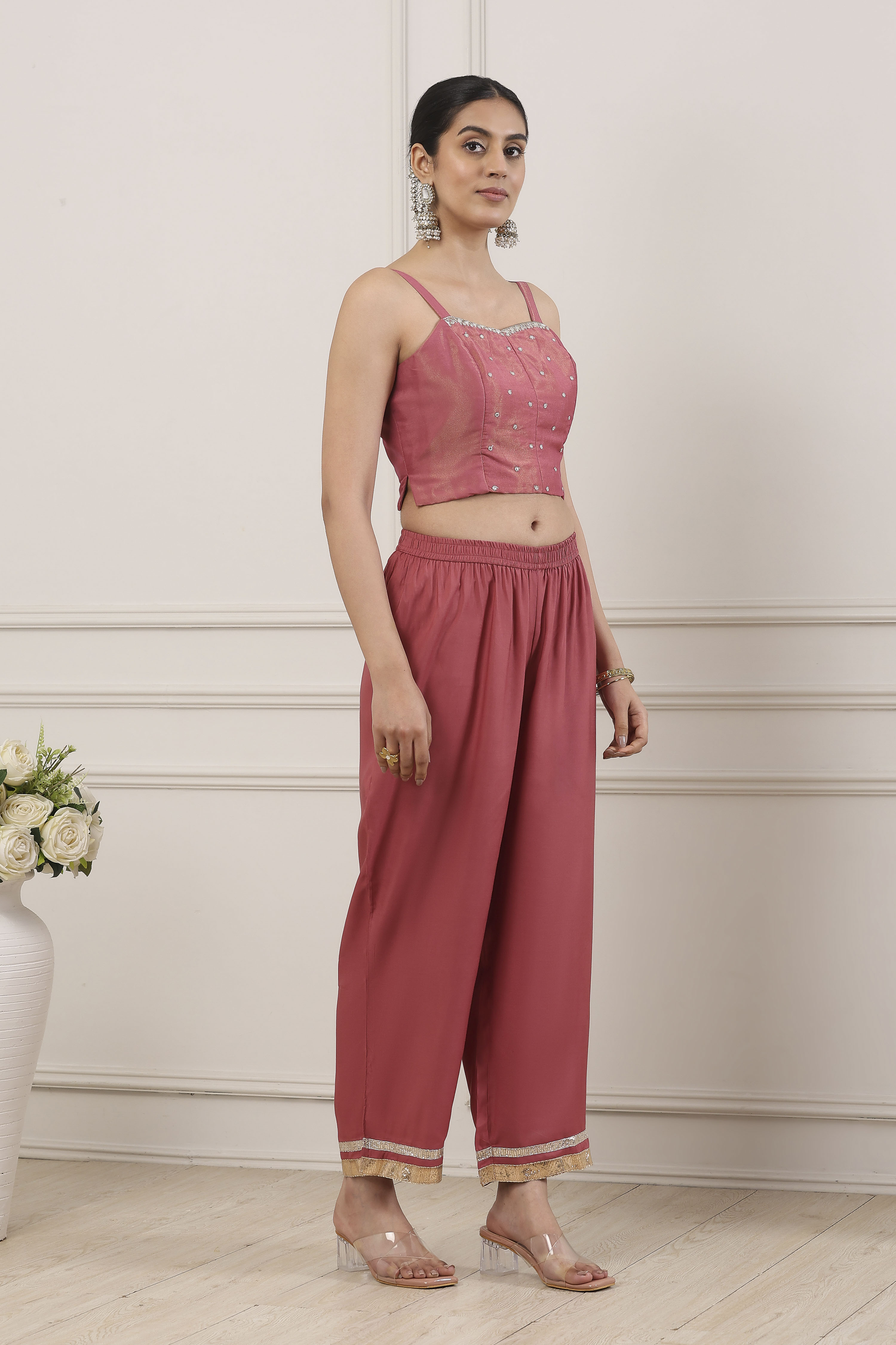 Pink Poly Tissue Anarkali Suit Set image number 6