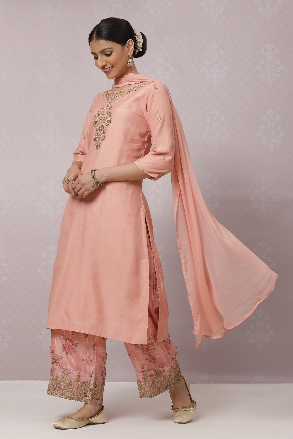 Peach Art Silk Straight Kurta Palazzo Suit Set image number 4