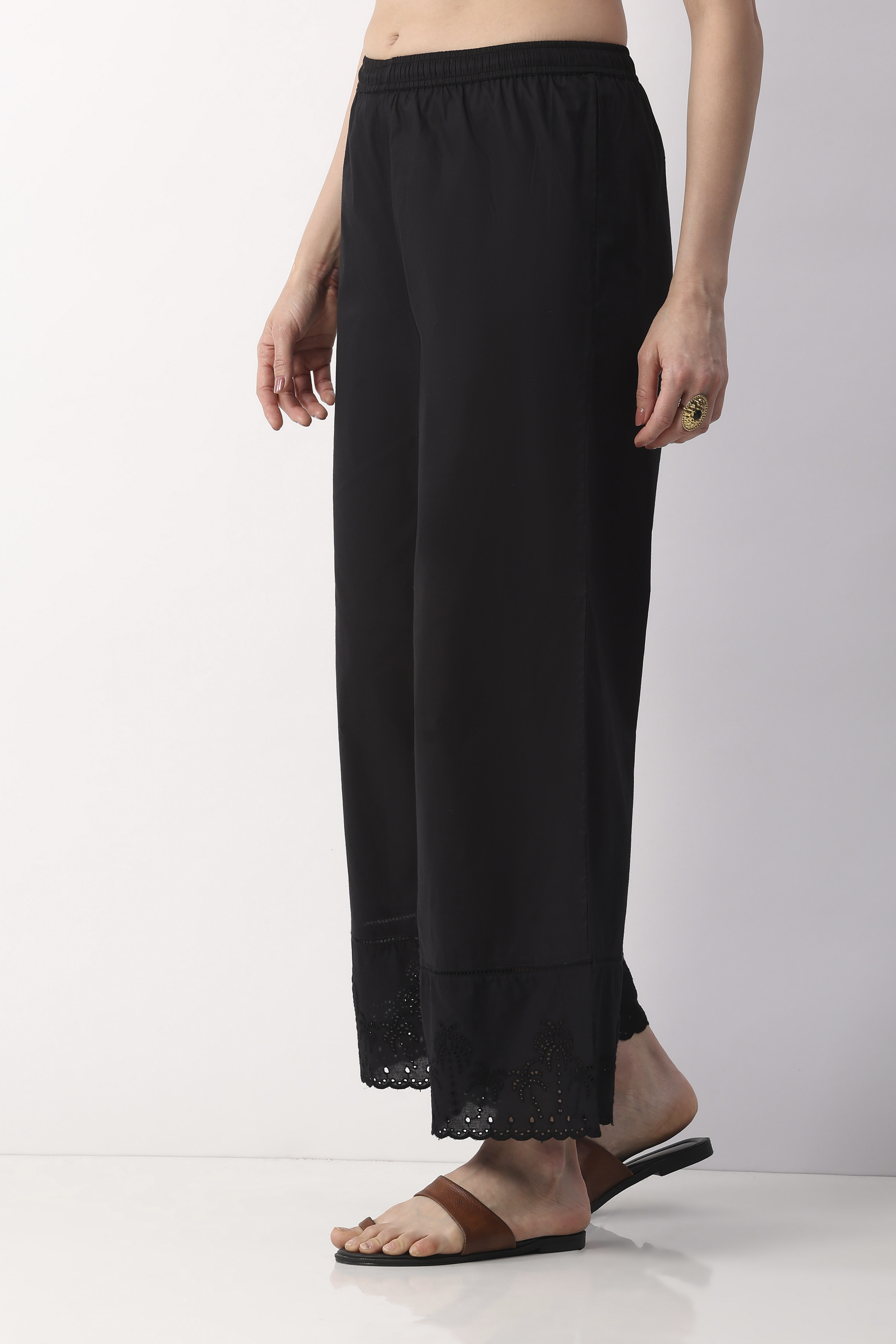 Black Cotton Flared Dyed Palazzos image number 4
