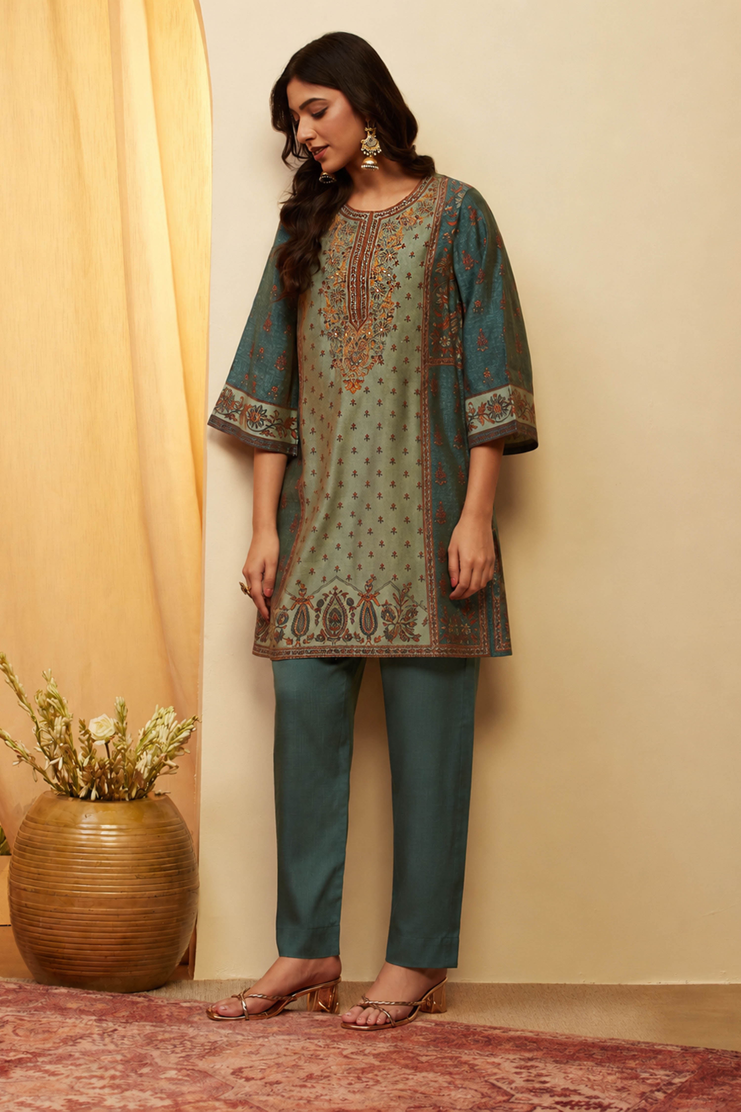 Teal Viscose Blend Printed Straight Kurta Set image number 6