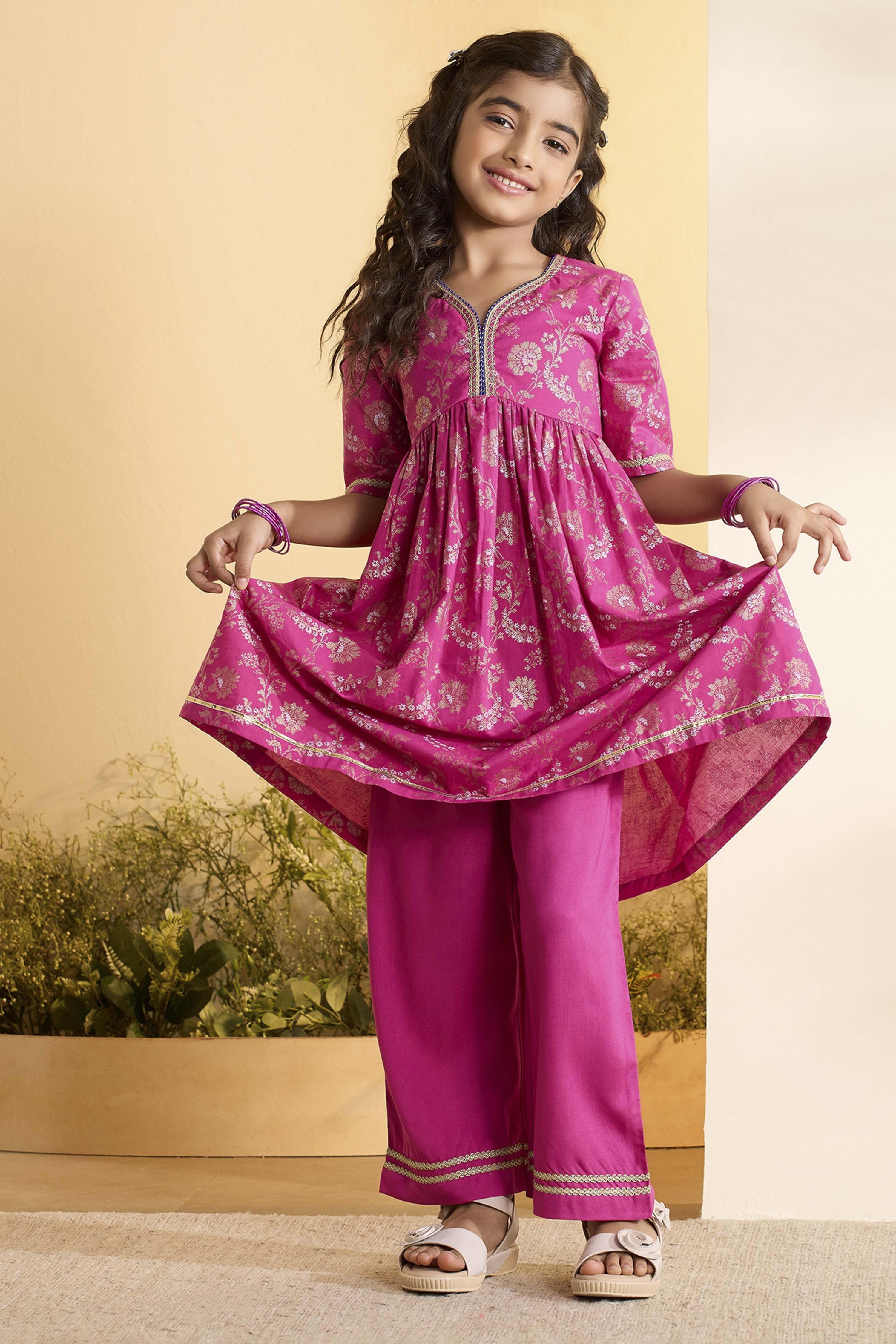 Pink Cotton Floral Printed Flared Kurta Set image number 8