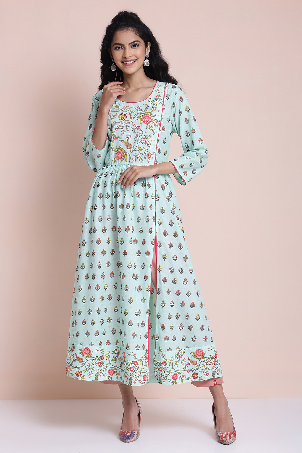 Pink Cotton High Slit Printed Kurta image number 3