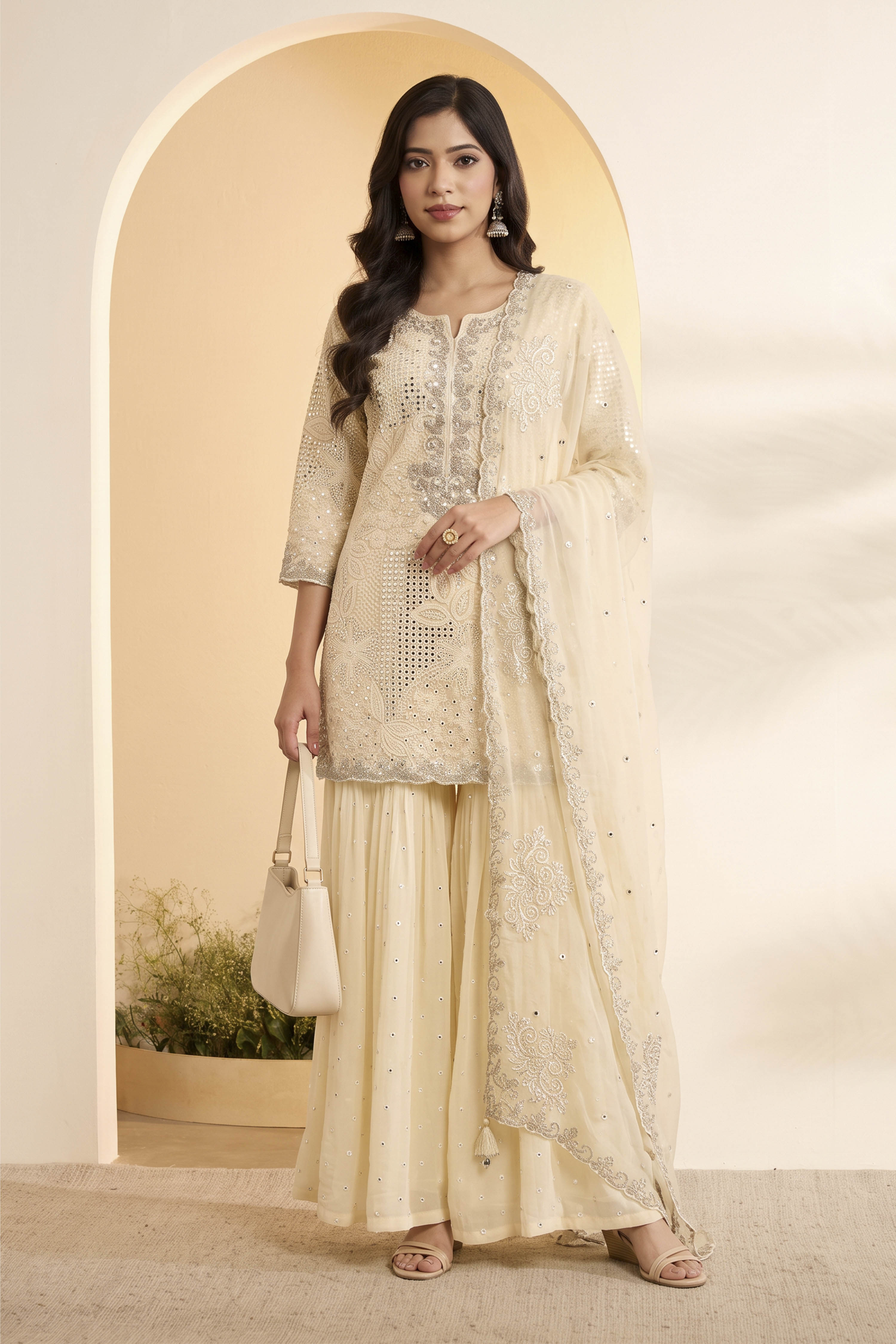 Powder Blue Butterfly Net Embroidered Sharara Suit Set image number 0