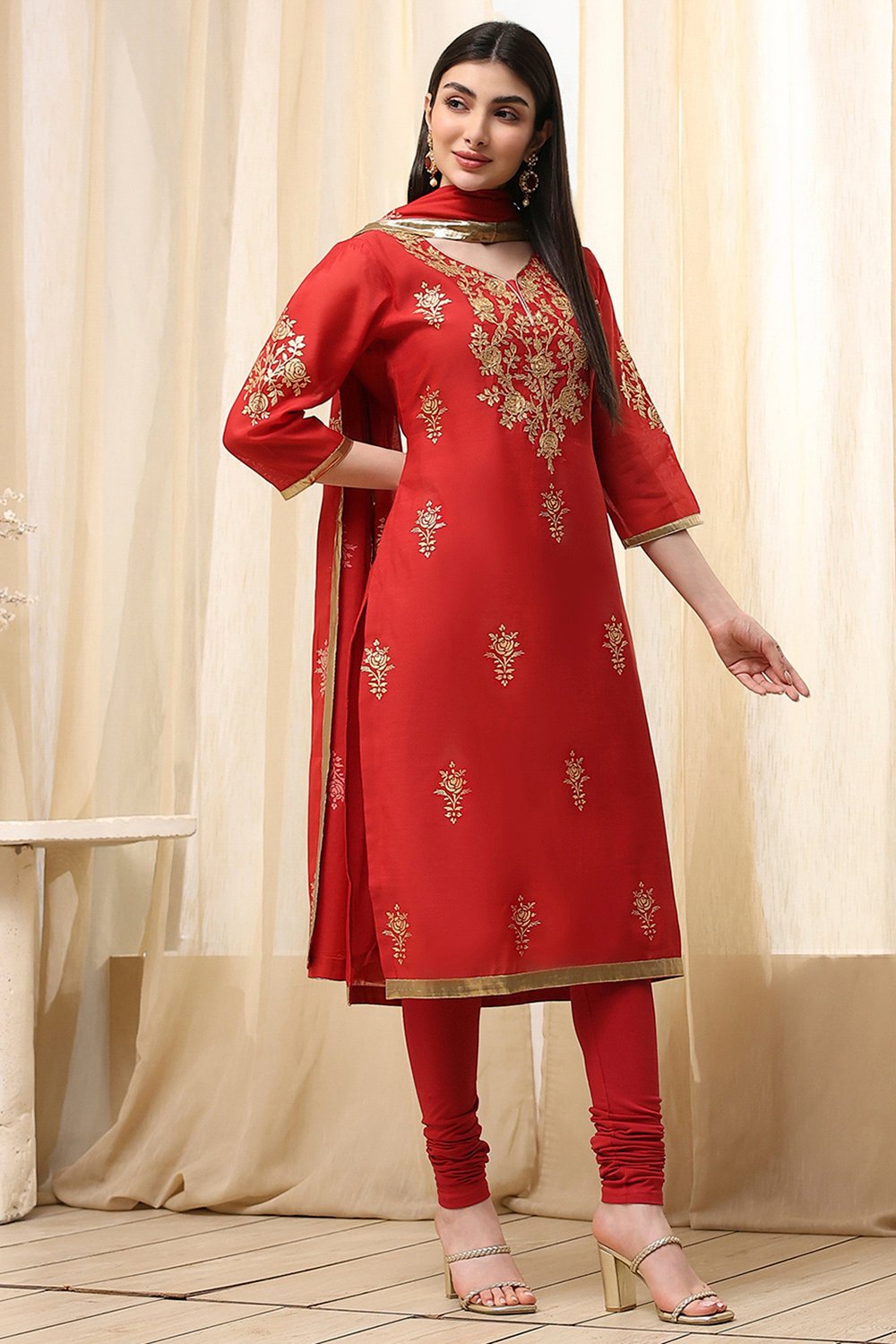 Blue Poly Chanderi Fitted Suit Set image number 4