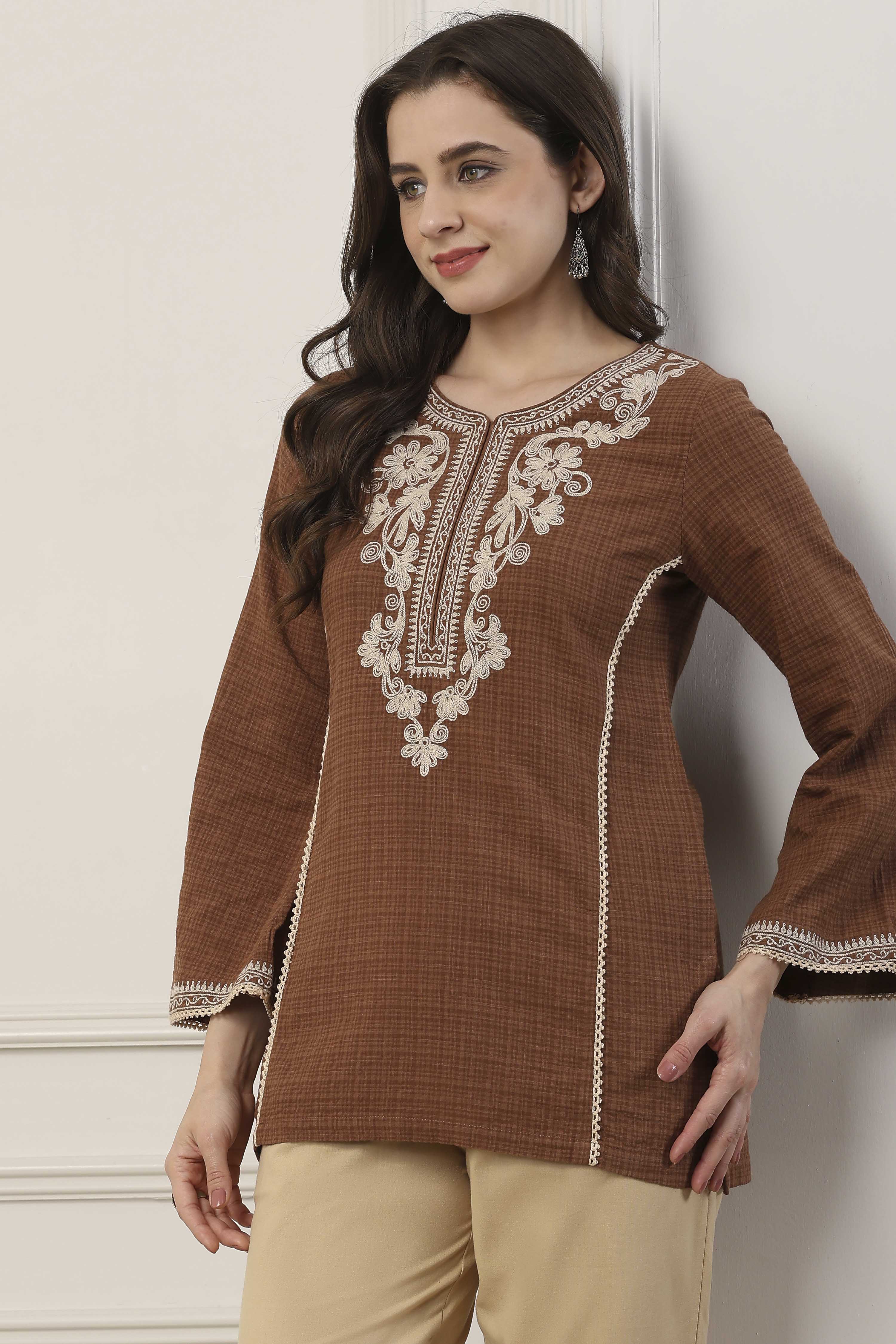 Brown Cotton Floral Yoke Embroidered Straight Kurti image number 0