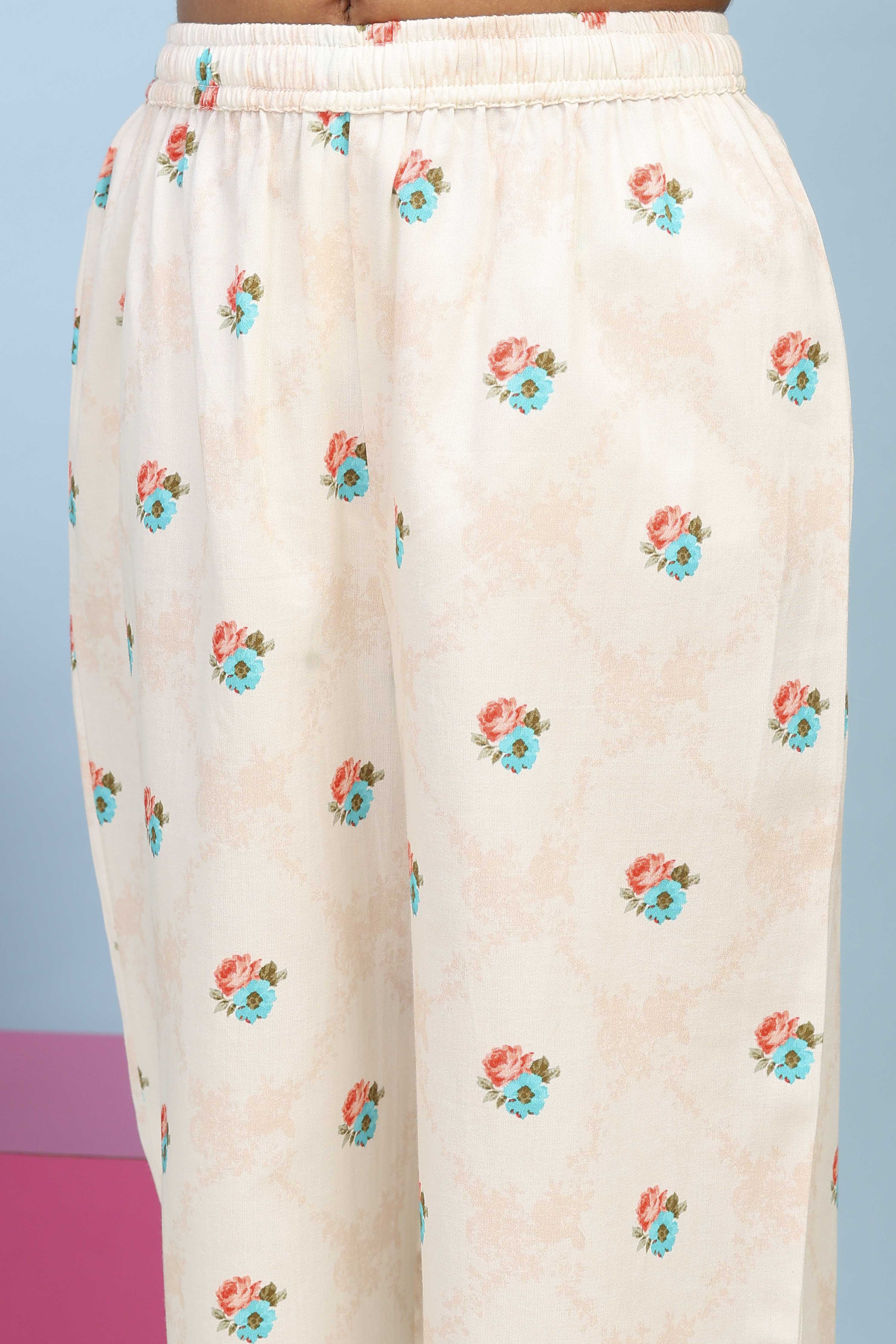 White Cotton Satin Printed Straight Suit Set image number 2