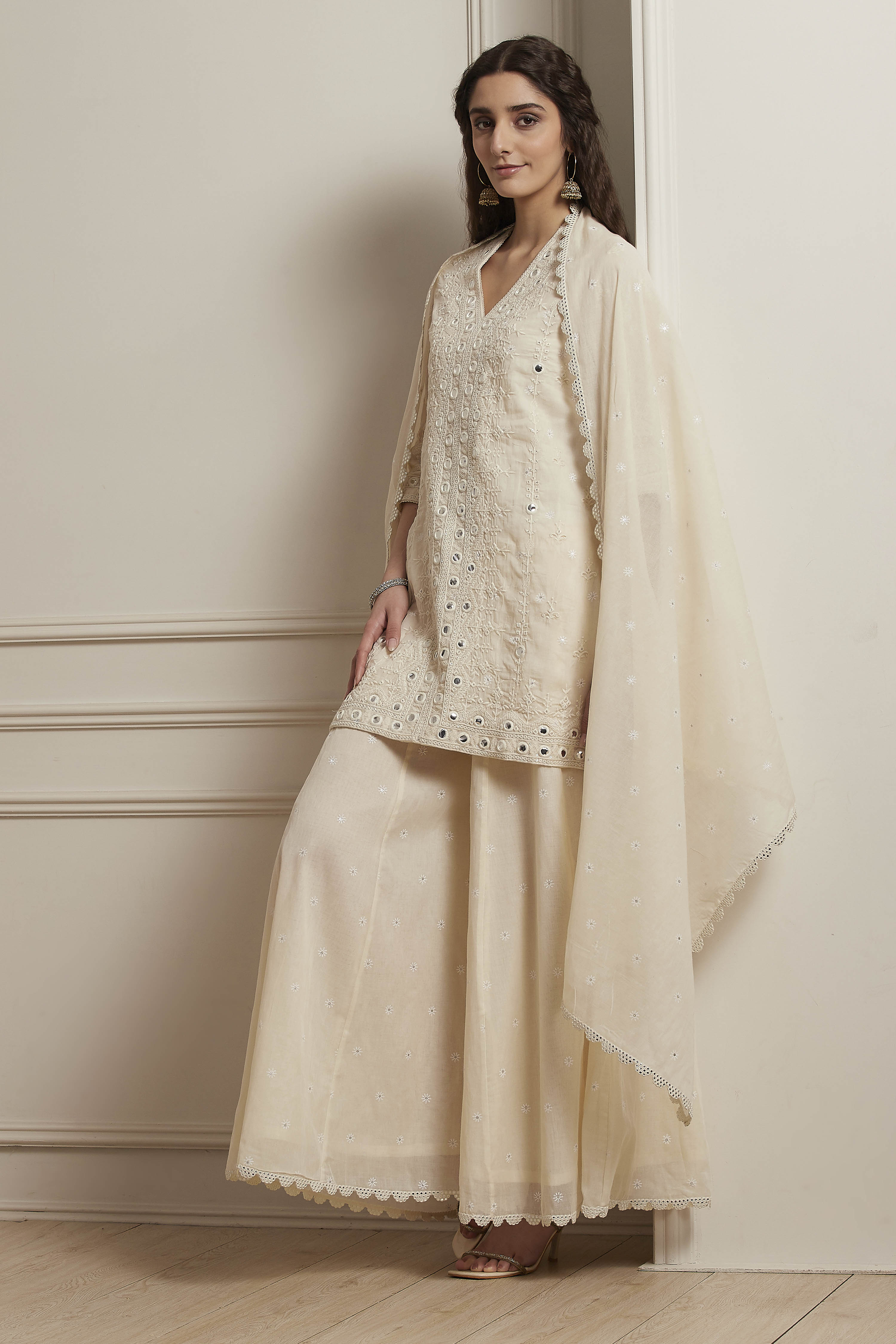 Ecru Cotton Embroidered Straight Sharara Suit Set image number 0