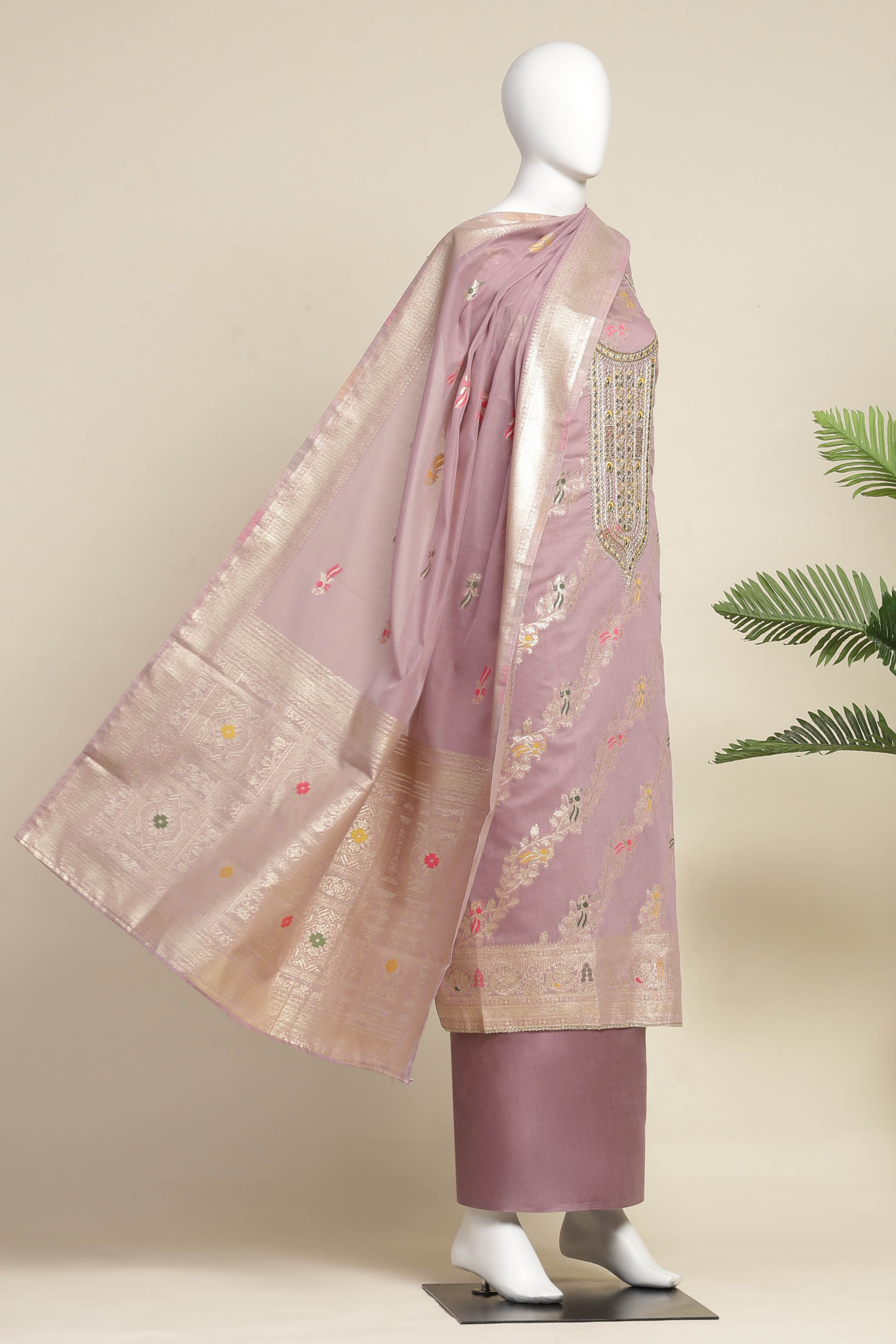 Pink Tissue Chanderi Embroidered Unstitched Suit Set image number 4