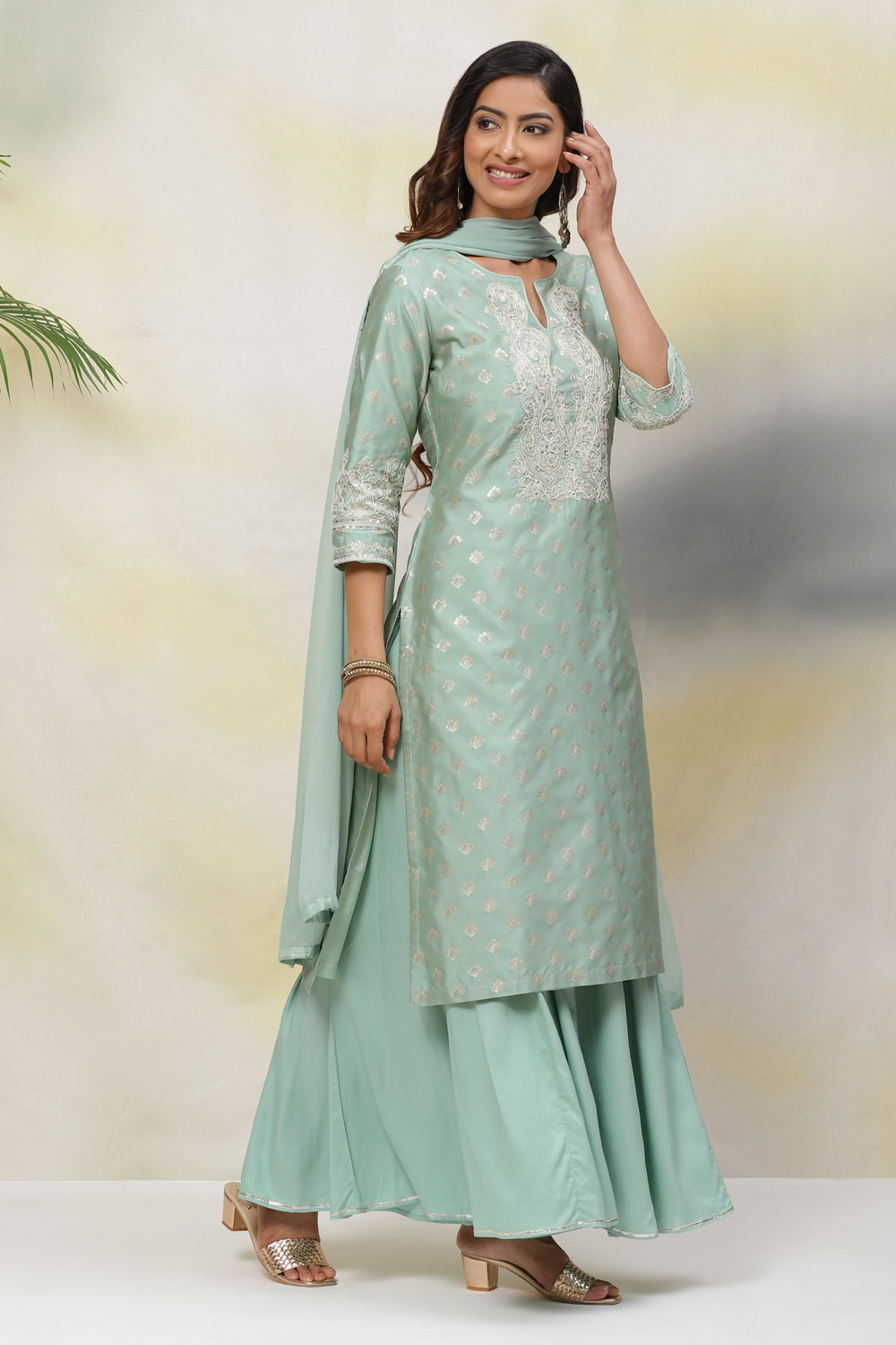 Sea Blue Poly Metallic Straight Kurta Palazzo Suit Set image number 6