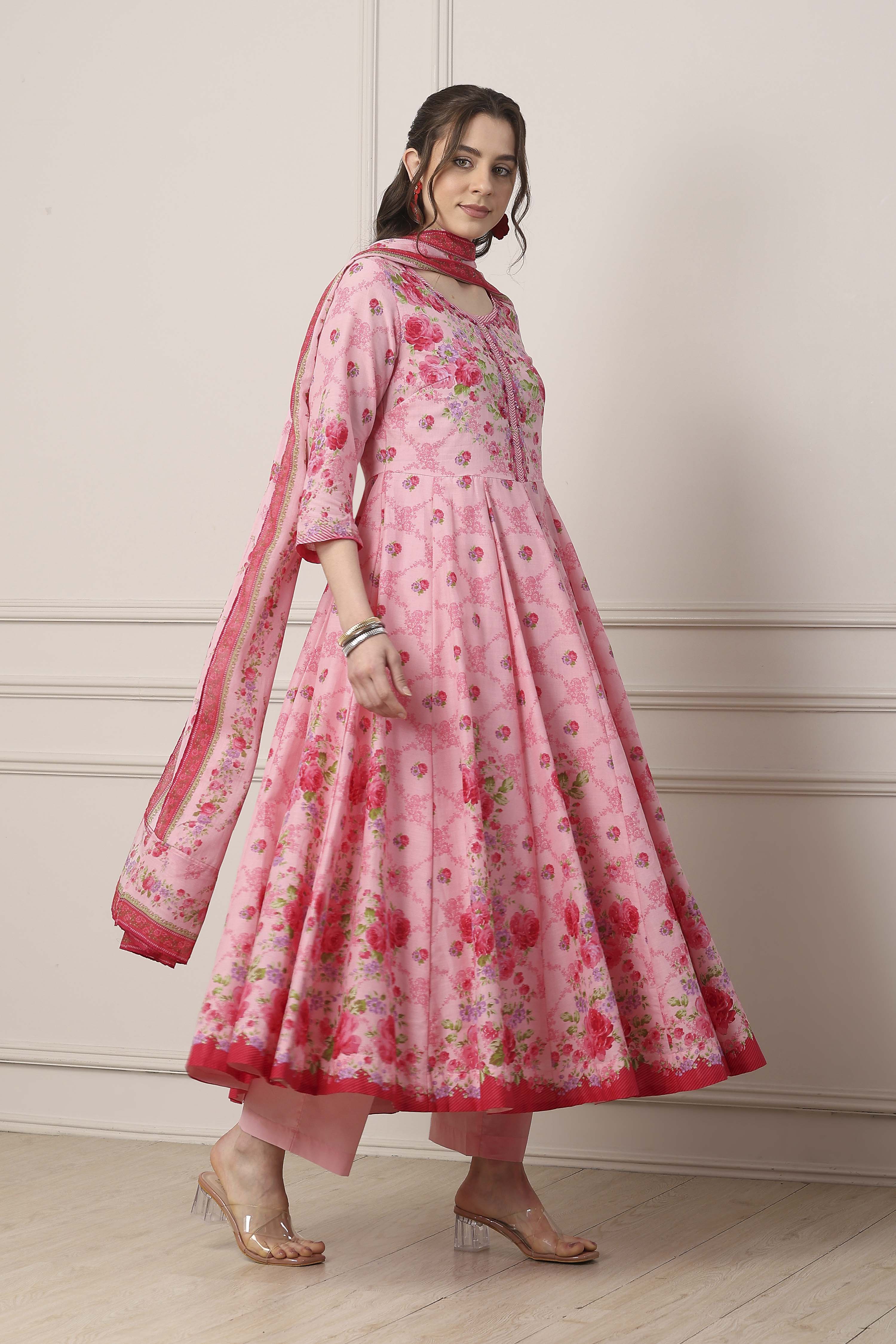 Blue Cotton All-Over Floral Kalidar Suit Set image number 5