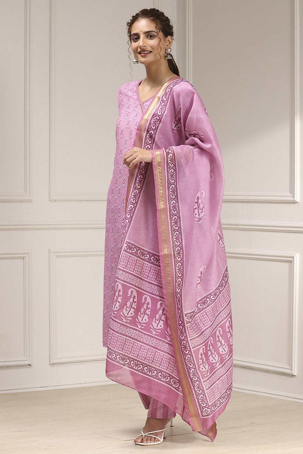 Beige Cotton Modal Digital Print Unstitched Suit Set image number 4