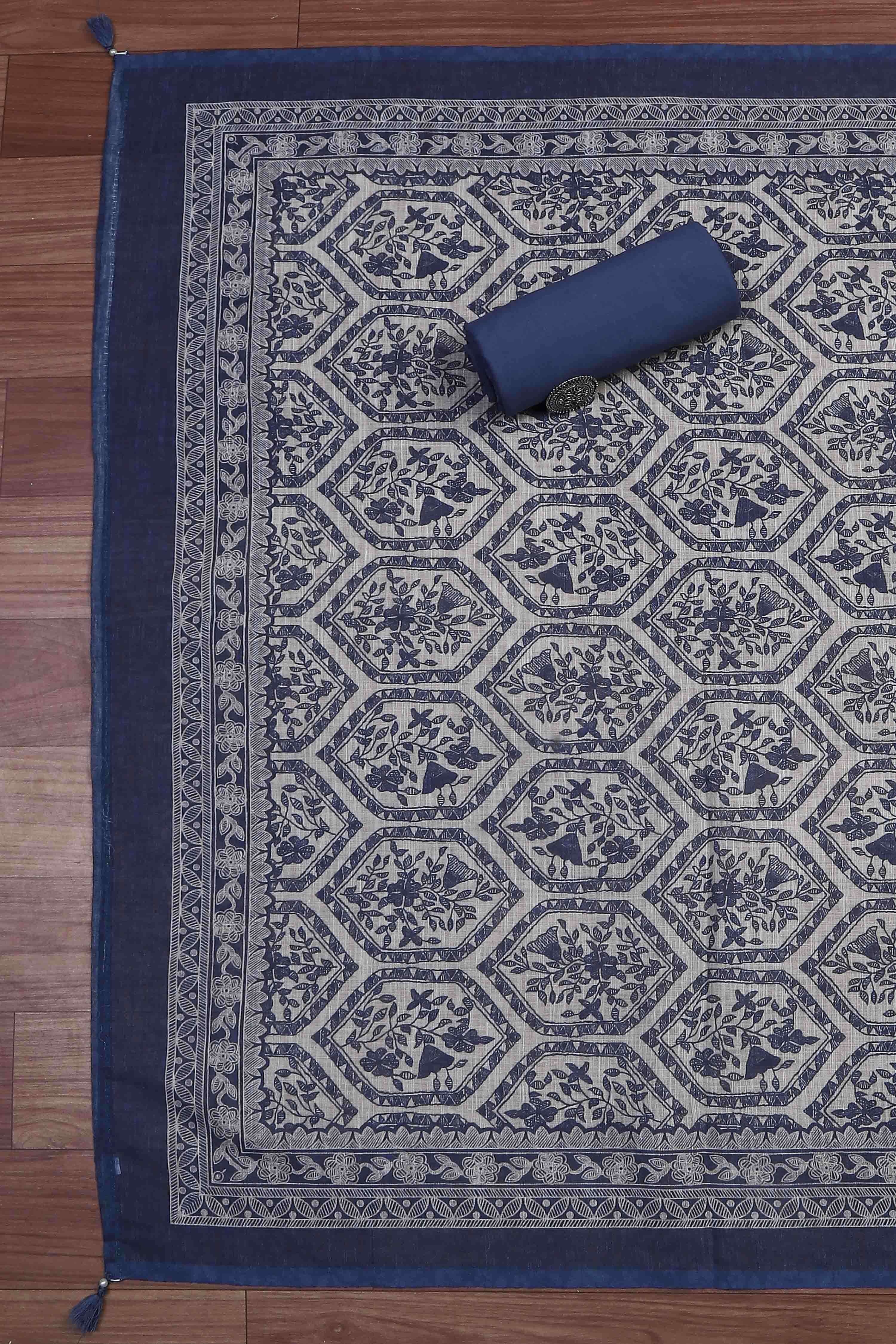 Beige Linen Booti Print Unstitched Suit Set image number 3