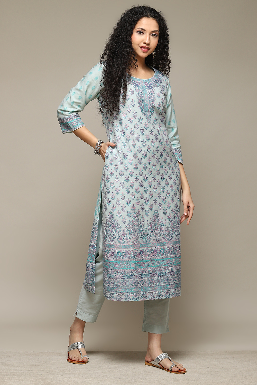 Peach Cotton Blend Straight Yarndyed Kurta Suit Set image number 5