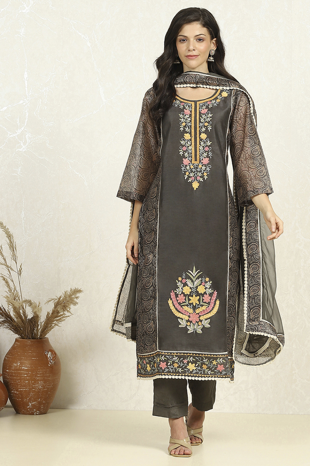 Teal Chanderi Unstitched Suit Set image number 7