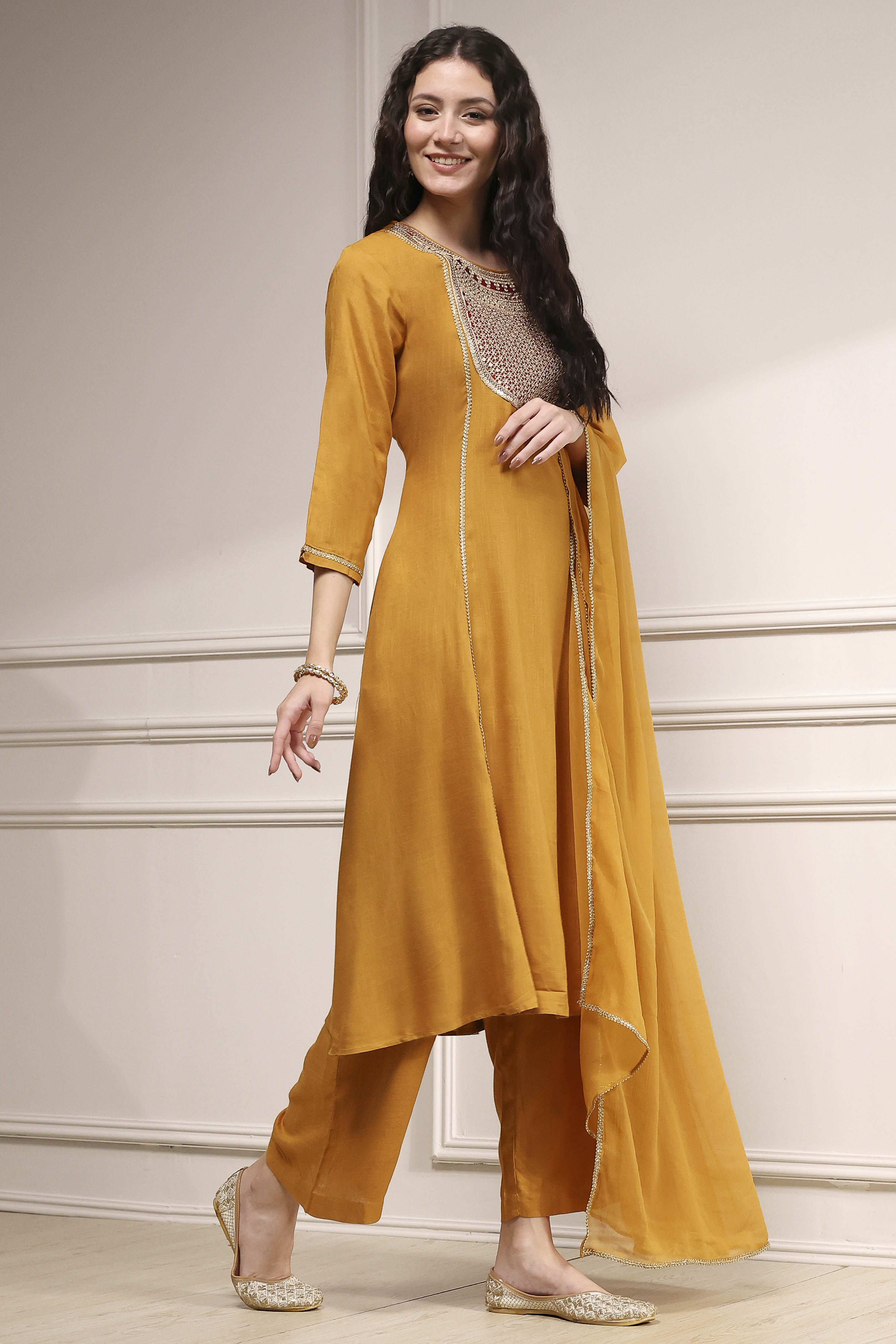 Mustard Viscose Rayon Straight Dyed Suit Set image number 5