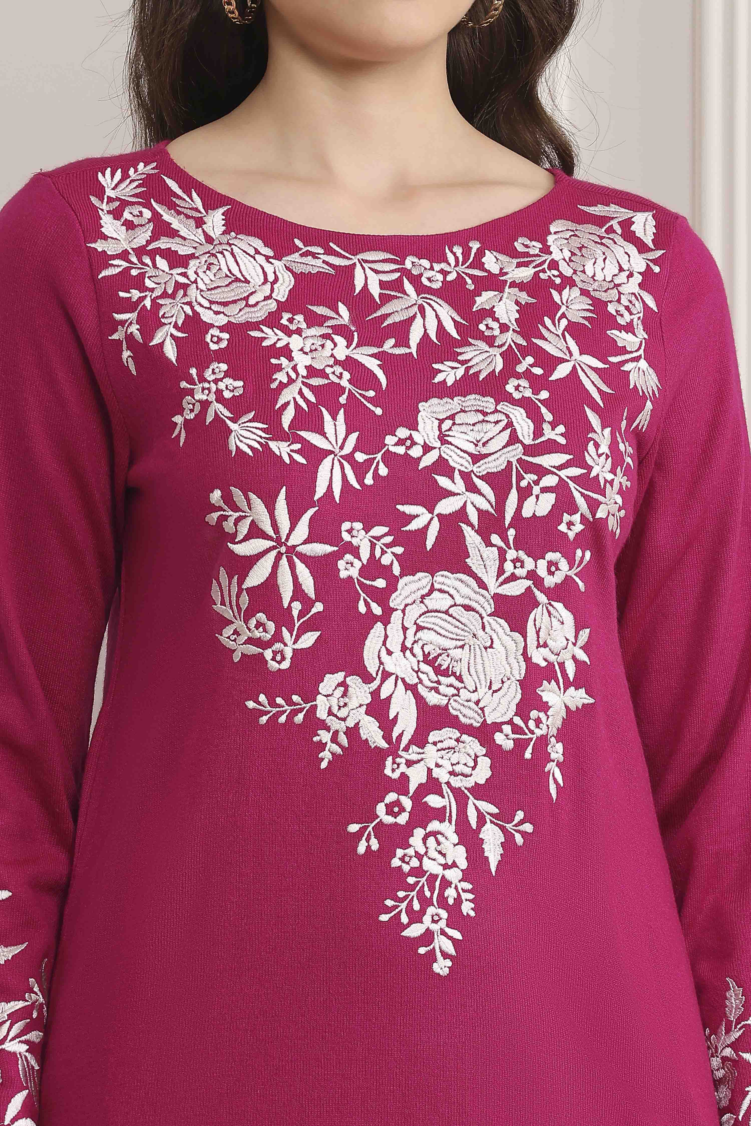 Fuchsia Polyester Embroidered Straight Kurta image number 1