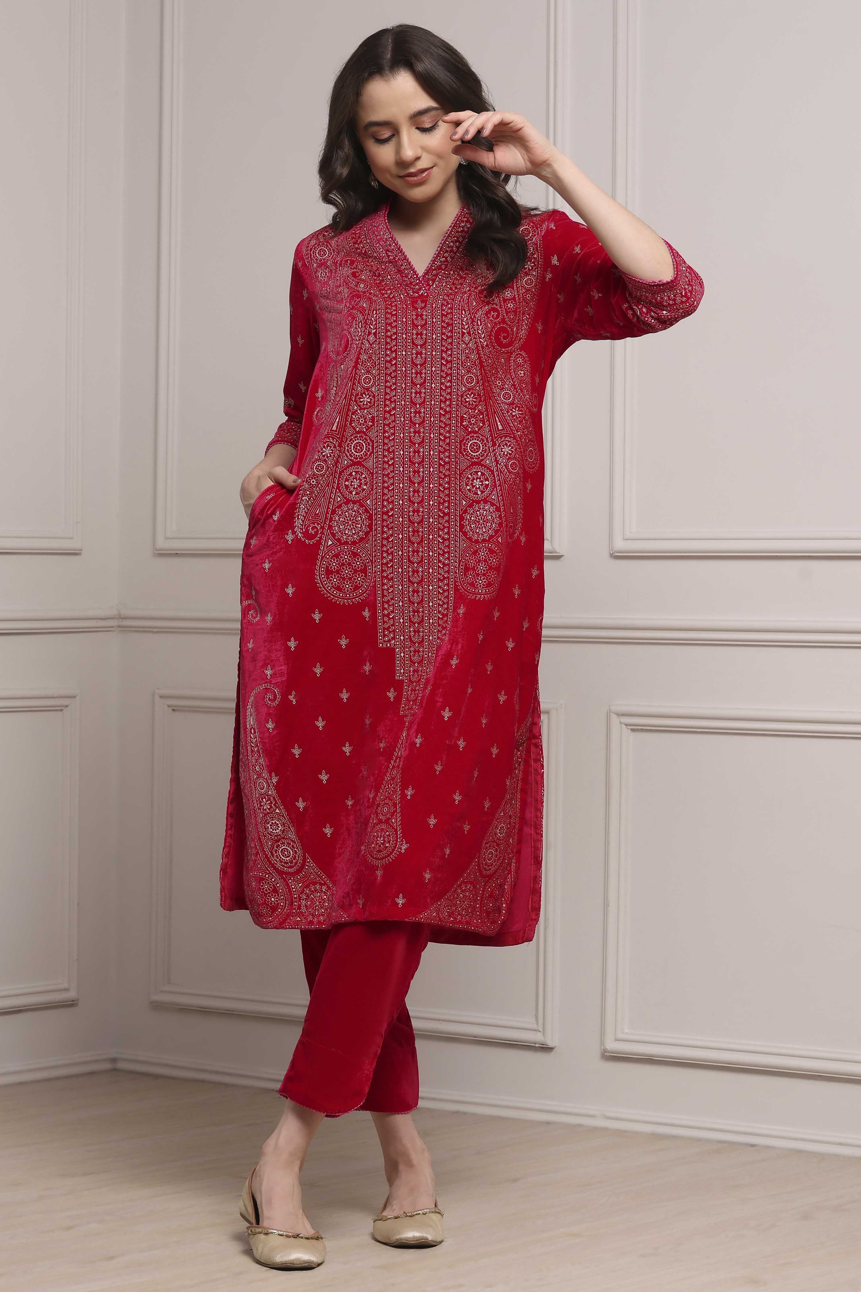 Pink Polyester Straight Printed Kurta Pants Set image number 0
