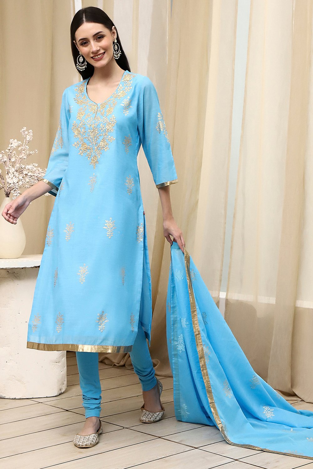 Mehendi Green Poly Chanderi Straight Suit Set image number 0